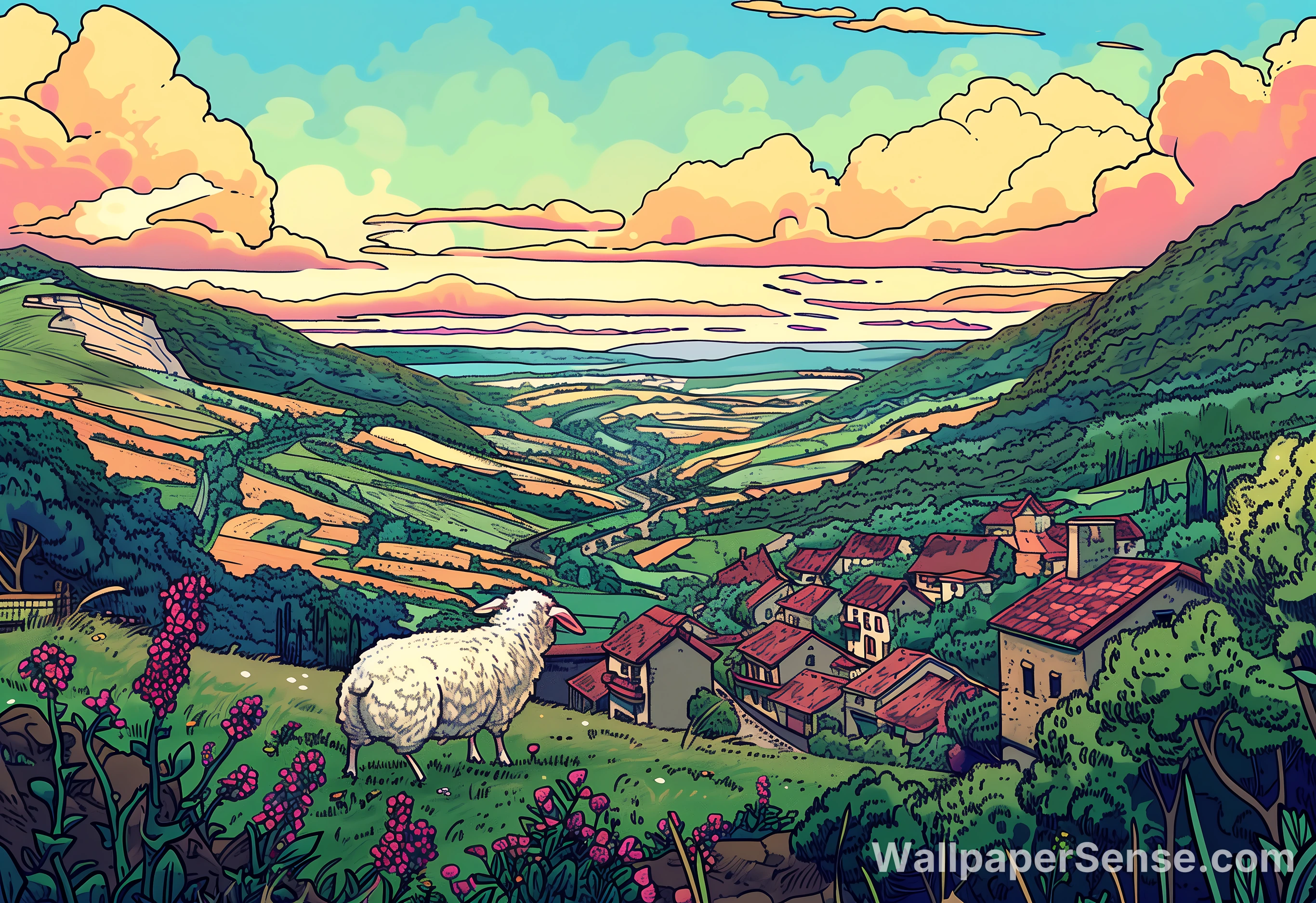 Illustratie Landelijke Vallei Schapen 8K Ultra HD Desktop Wallpaper