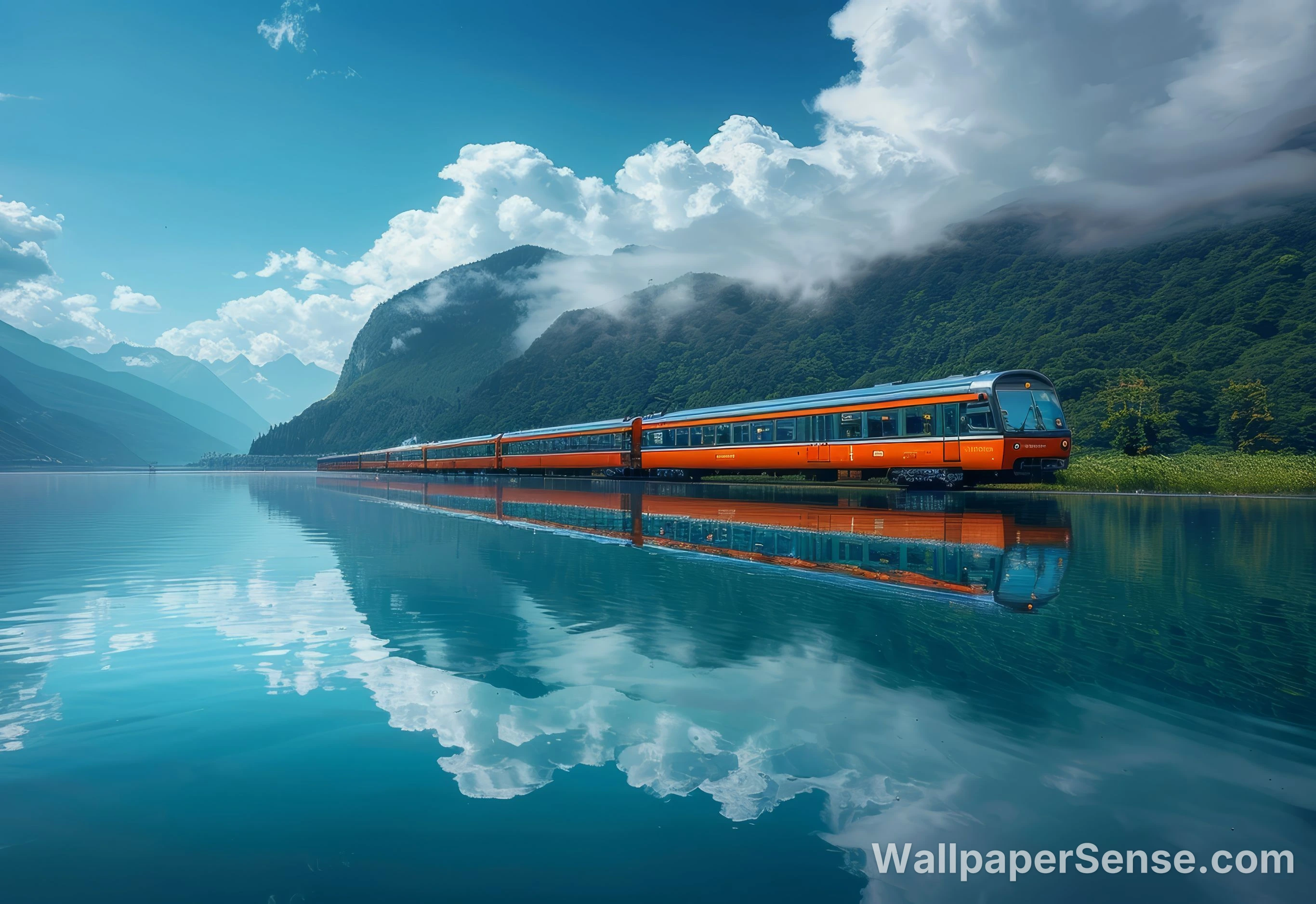 Treno sul lago in stile svizzero, wallpaper desktop 8K Ultra HD