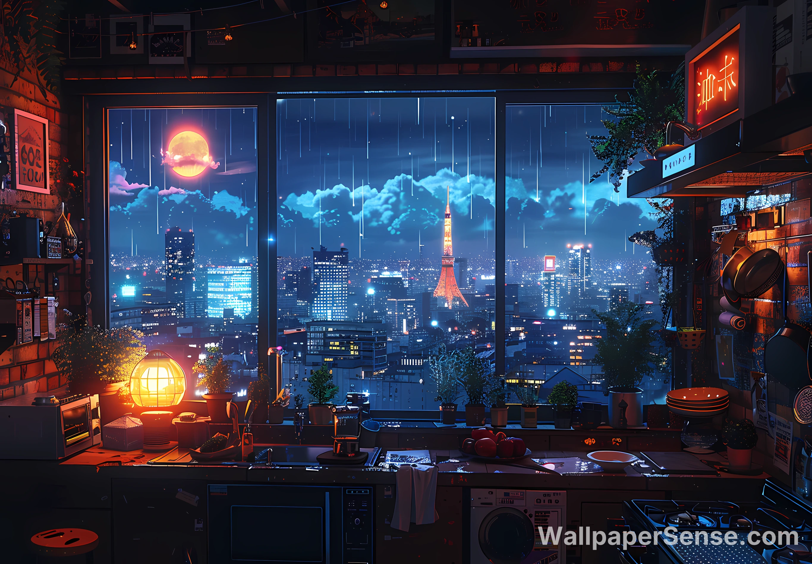 Cyberpunk Tokyo noční obloha 4K stěnka