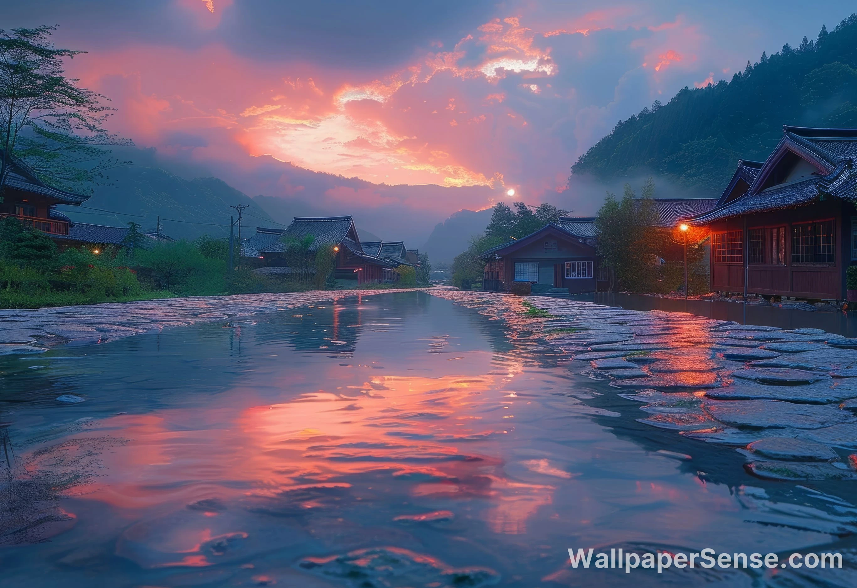 Japonská vesnice při západu slunce 8K Ultra HD stěnový obrázek