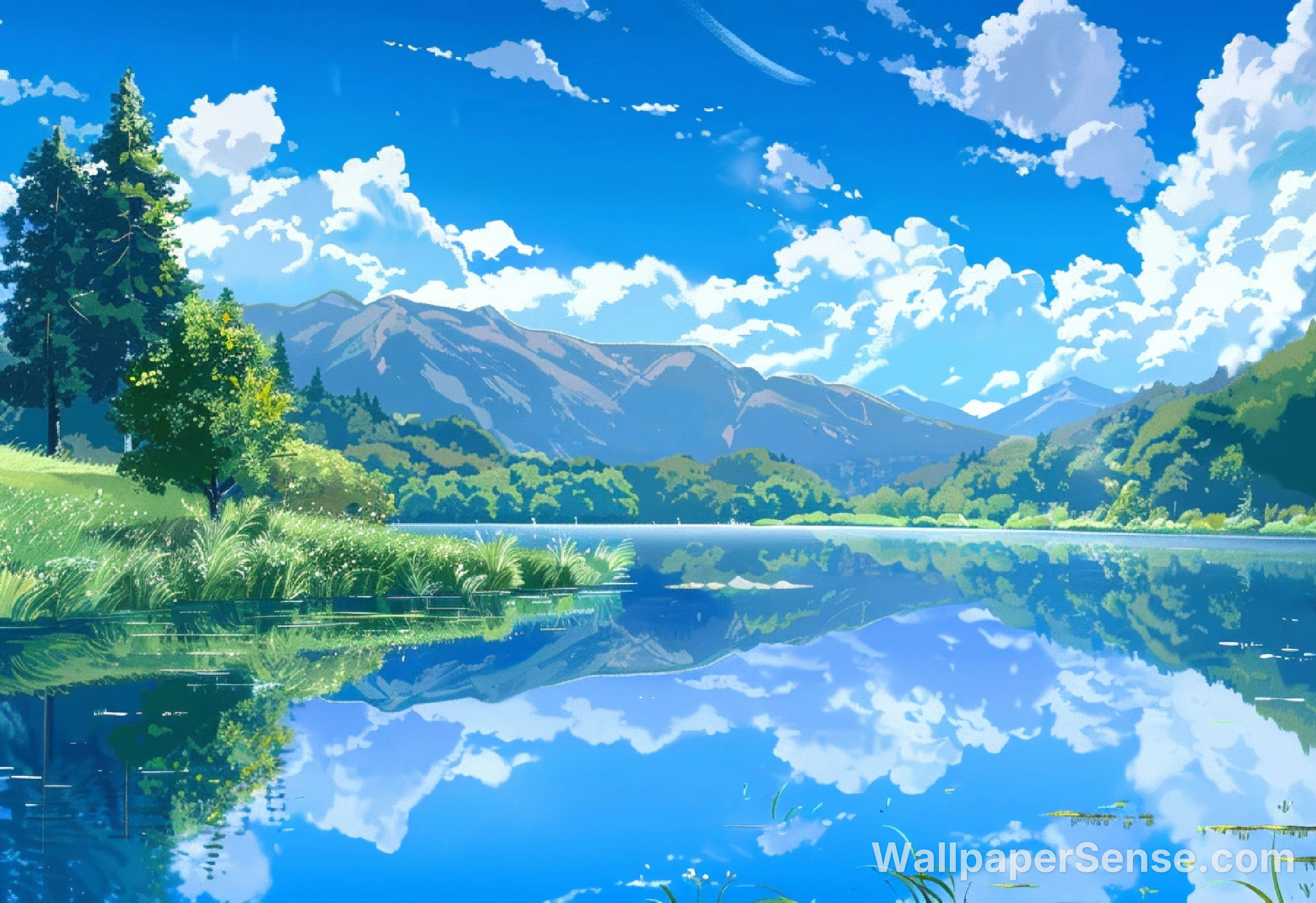 Japanese Anime Lake Mountains 8K Desktop Wallpaper