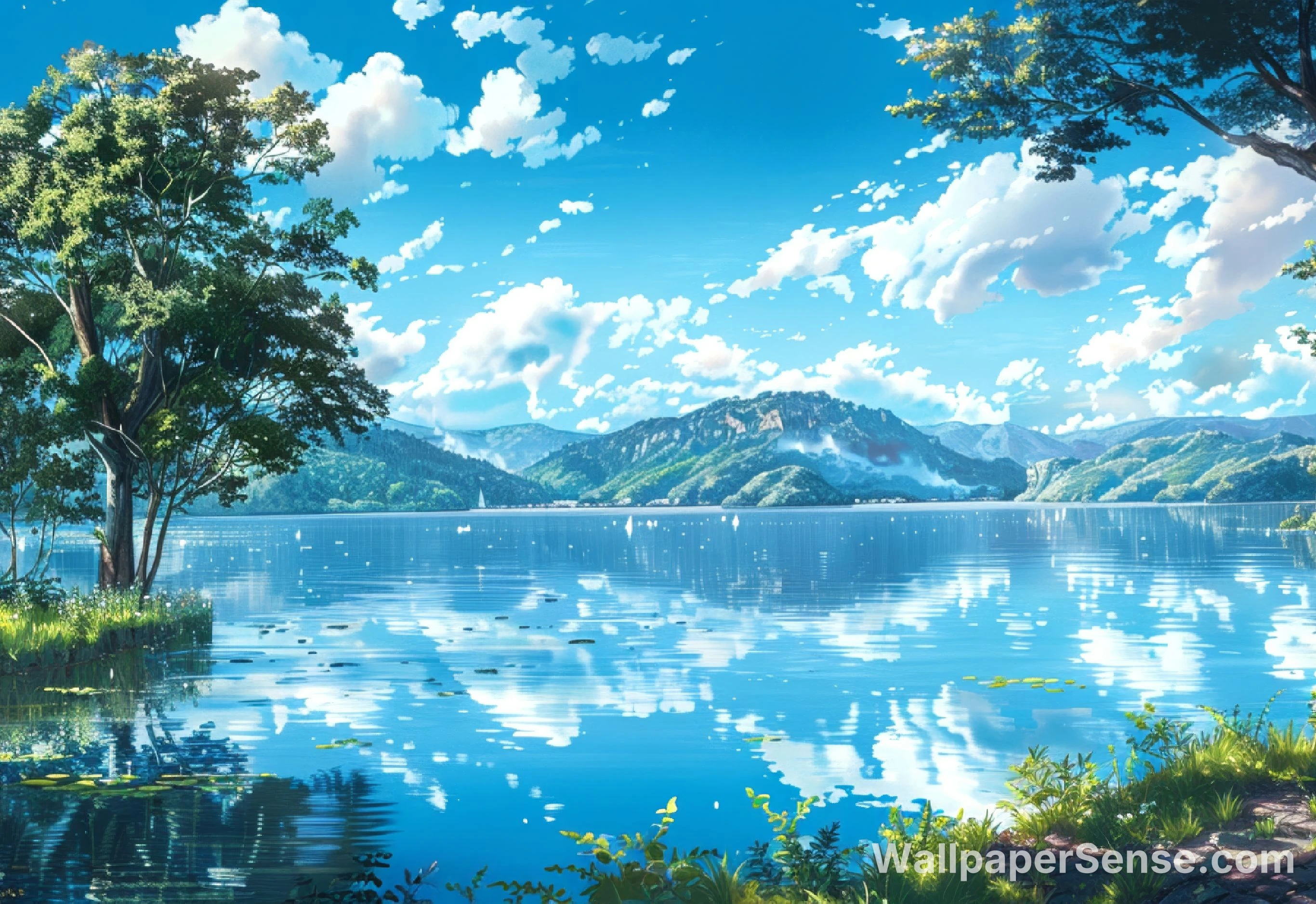 Japanese Anime Lake Mountains 8K Desktop Wallpaper