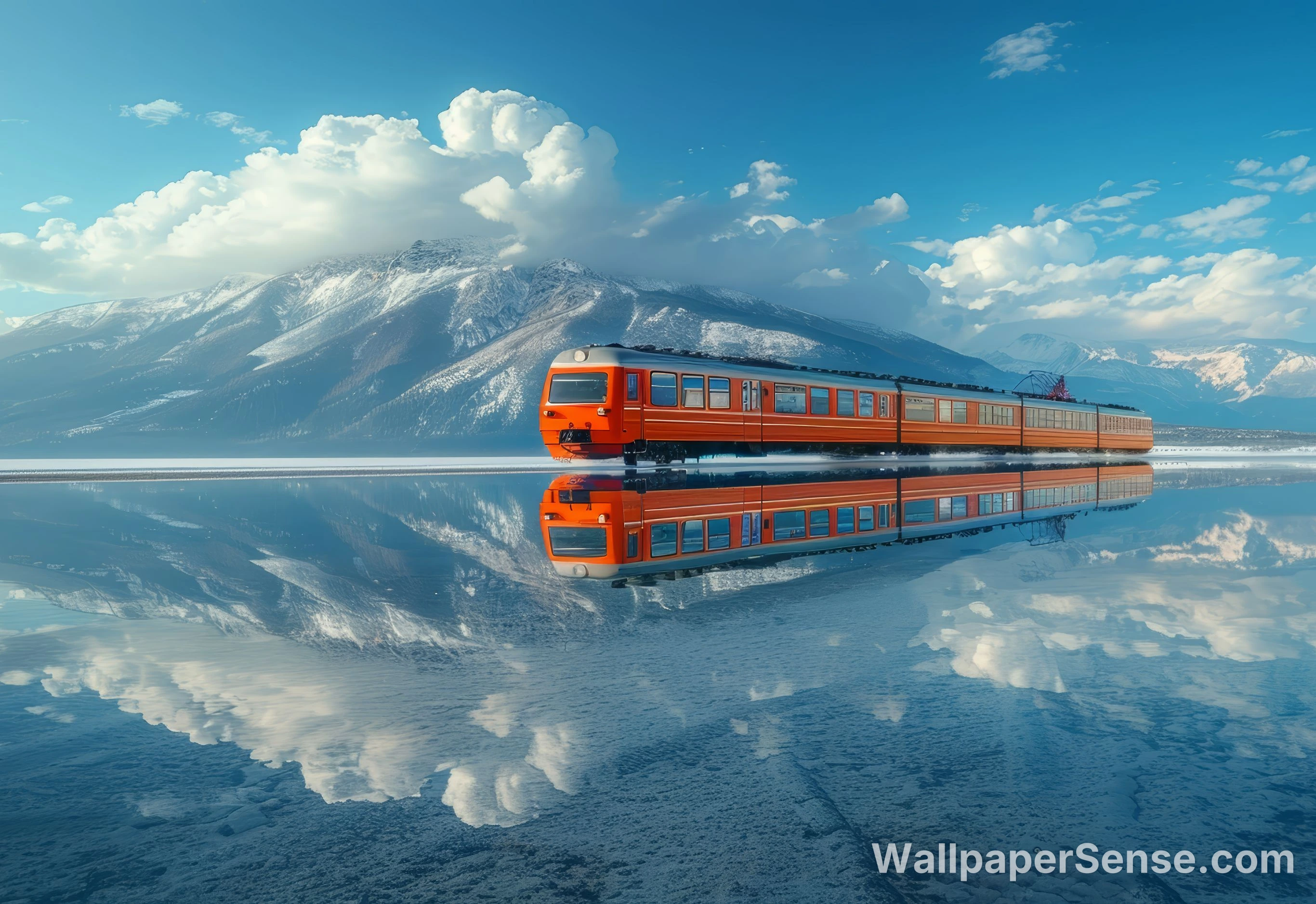 Treno tra Montagne di Neve in Stile Minimalista, Wallpaper Desktop 8K
