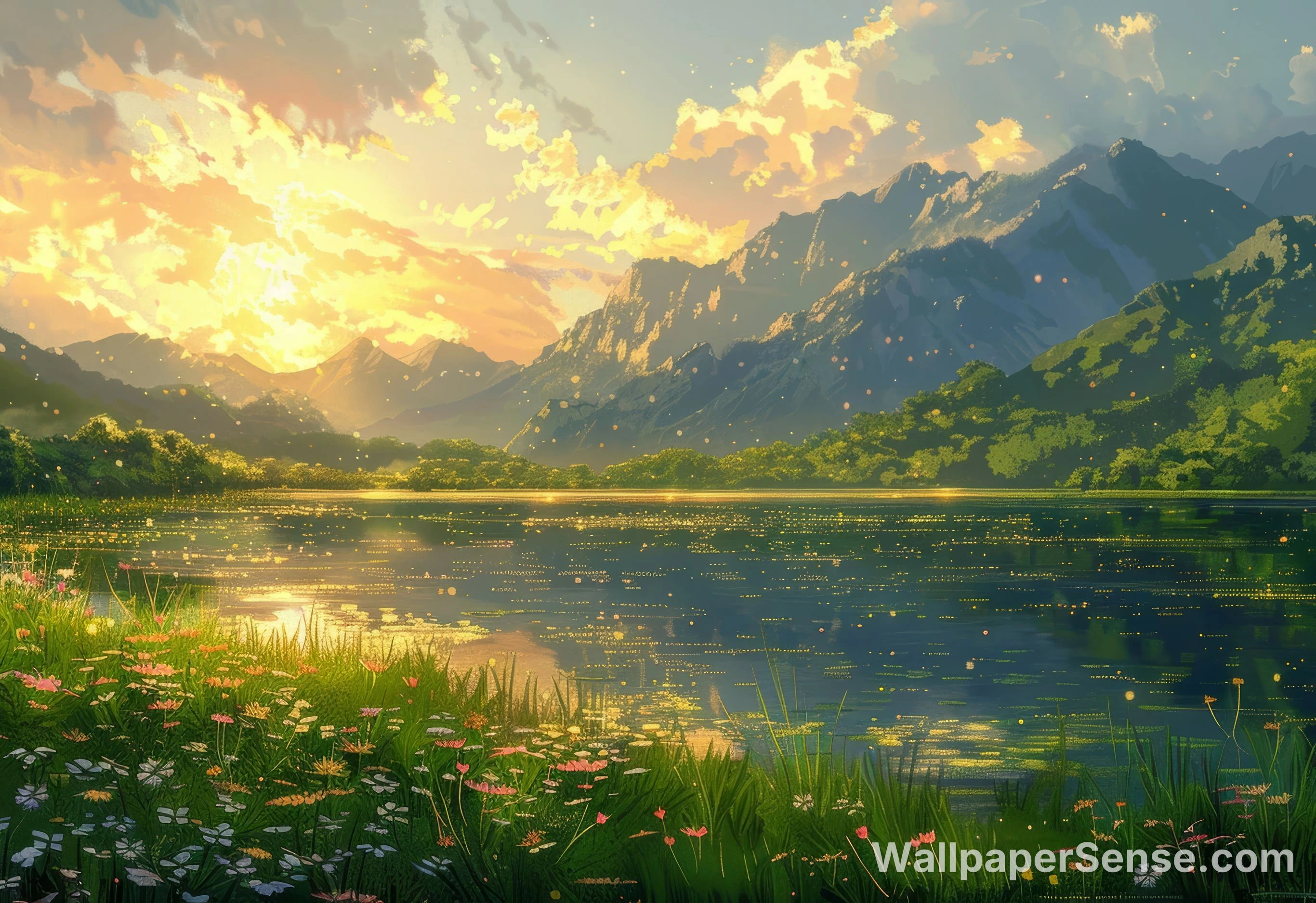 Anime styl horizontální hory a jezero západ slunce 8K Ultra HD tabletový obrázek