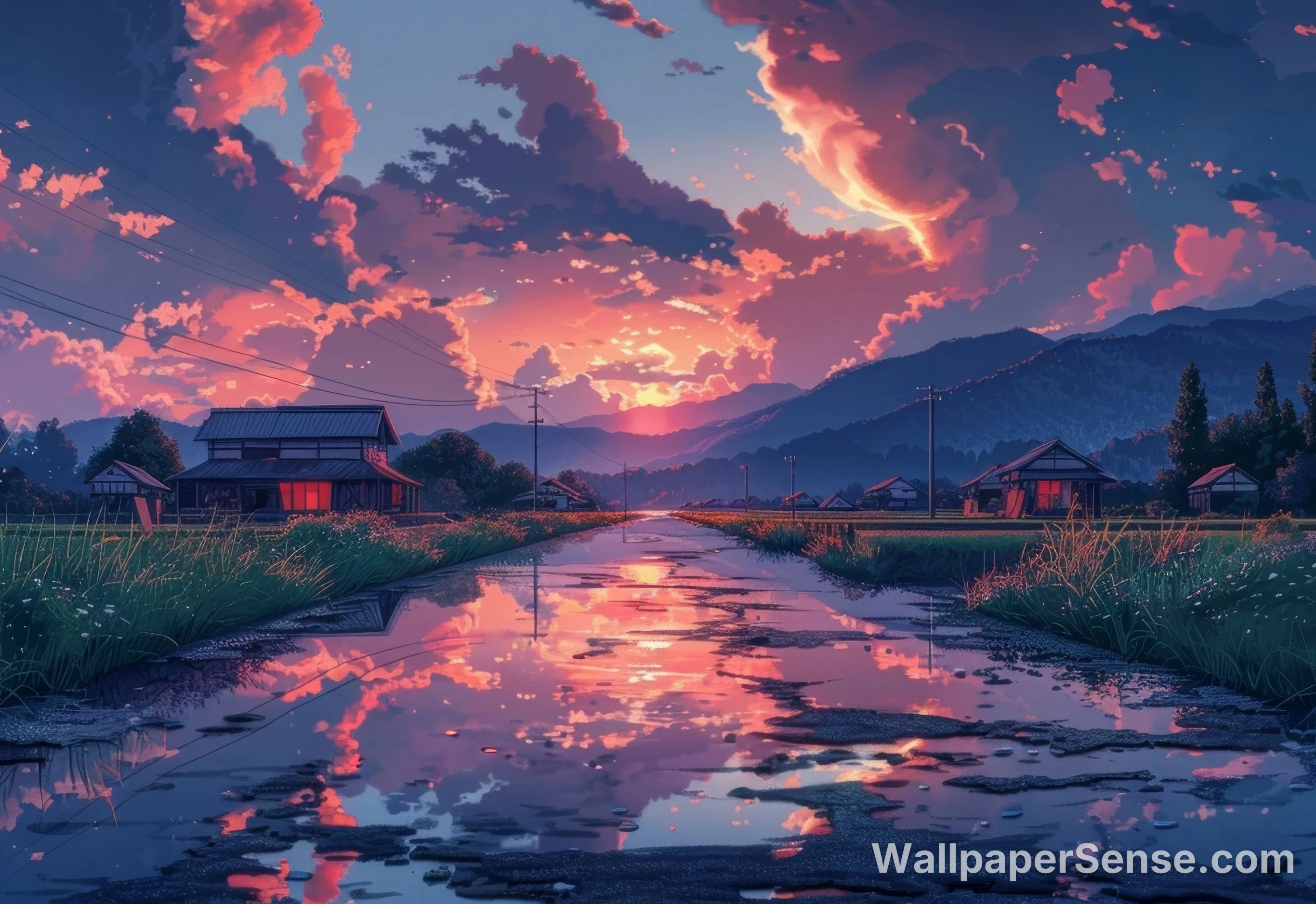Japonská vesnice při západu slunce 8K Ultra HD stěnový obrázek