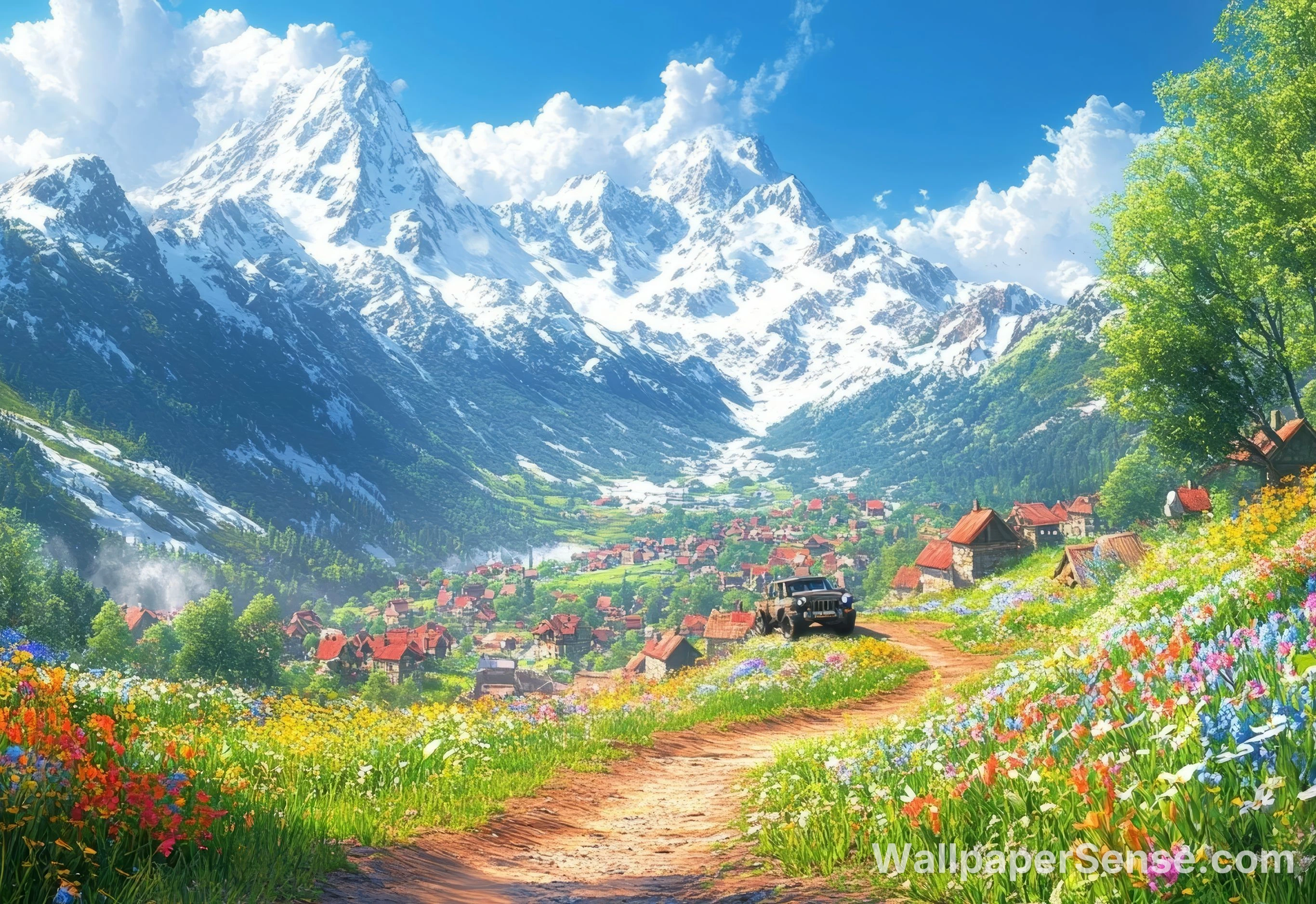 Alpine Snowy Mountain Town 8K Ultra HD Desktop Wallpaper
