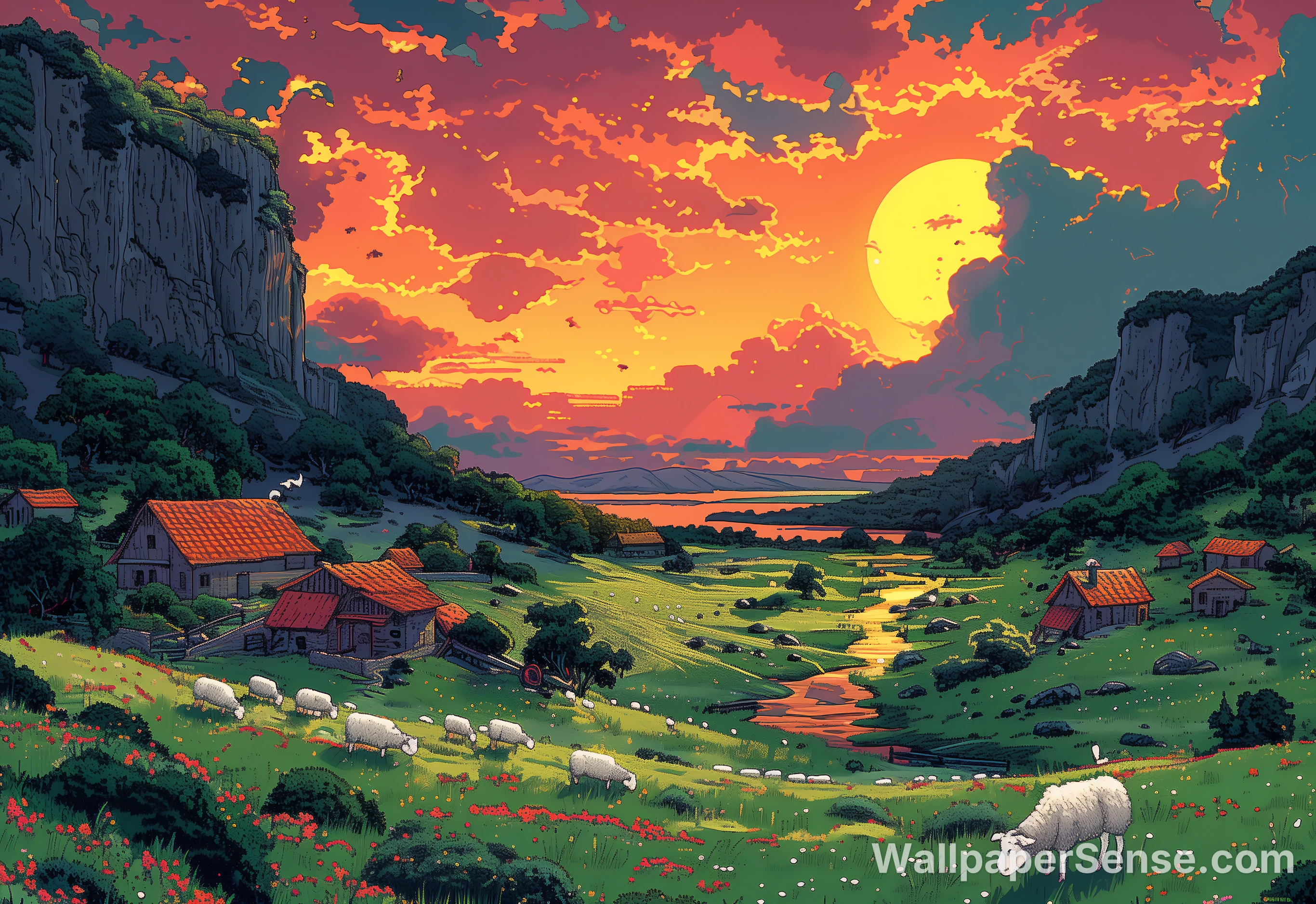 Anime Landelijk Zonsondergang 8K Ultra HD Bureau Wallpaper