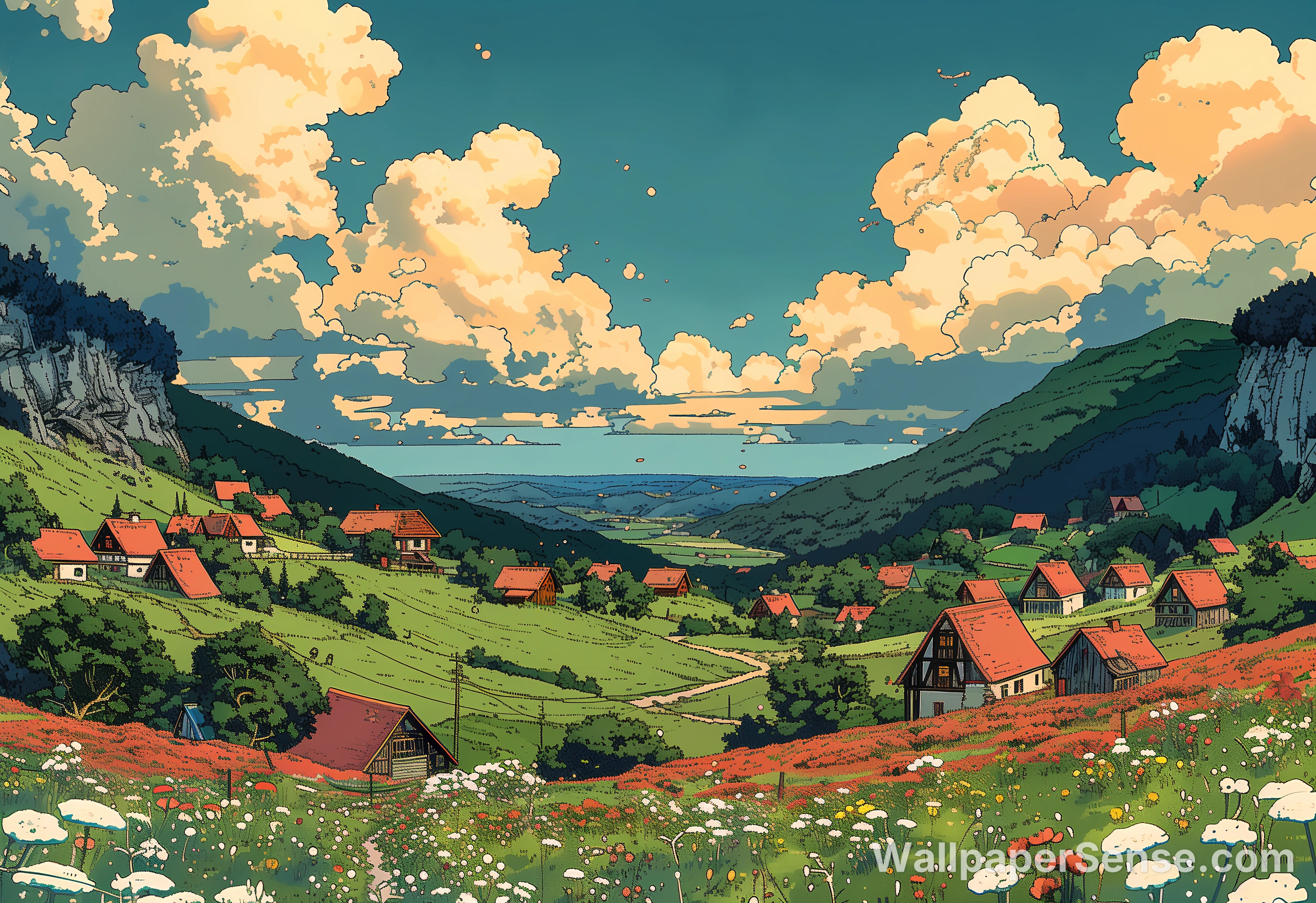Anime-Alpen-dorp 4K bureaublad achtergrond