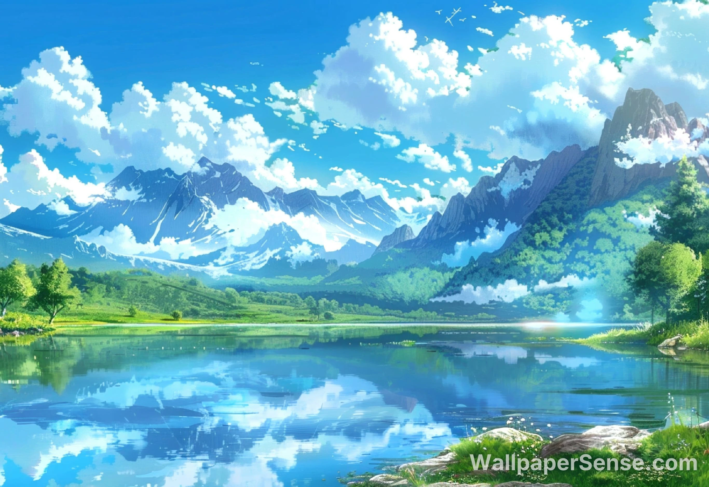 Japanese Anime Snowy Mountain Lake Scene 8K Desktop Wallpaper