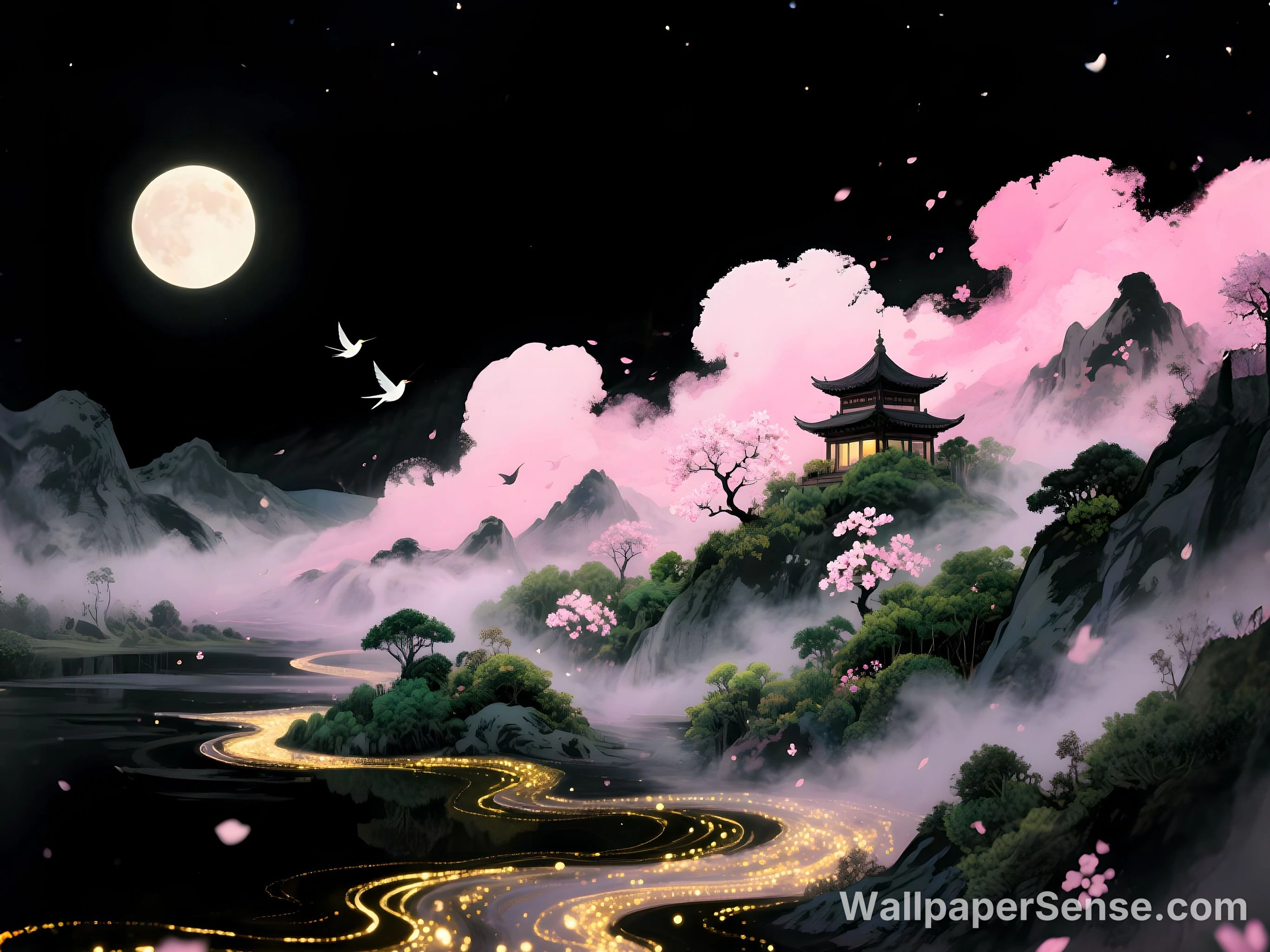 Čínská inkoustová krajinna 4K 8K Ultra HD sbírka pozadí - Oriental Art Měsíční svítící údolí s výhonkem 4K stolní pozadí