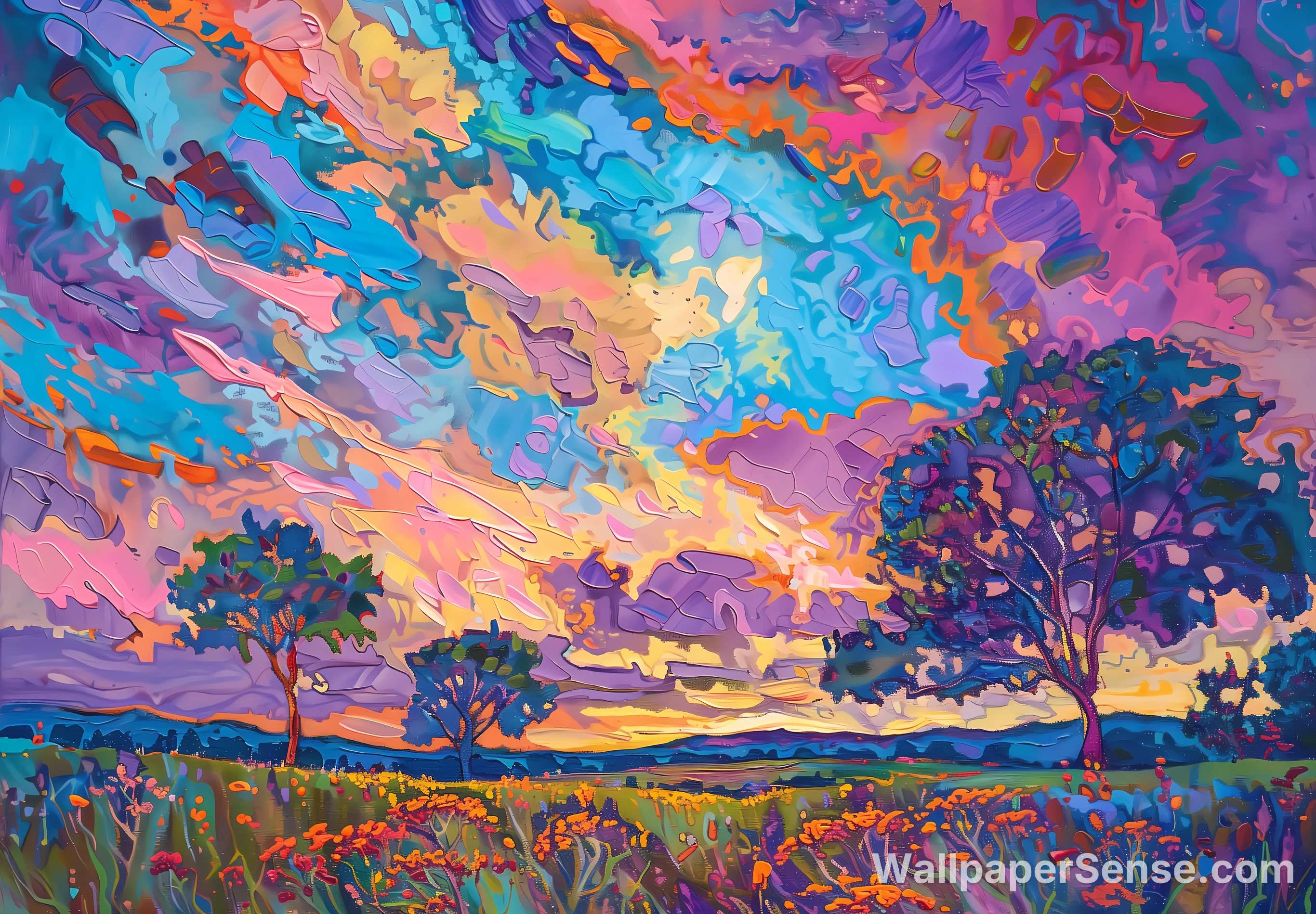 Abstract Colorful Clouds and Flower Field 4K Desktop Wallpaper