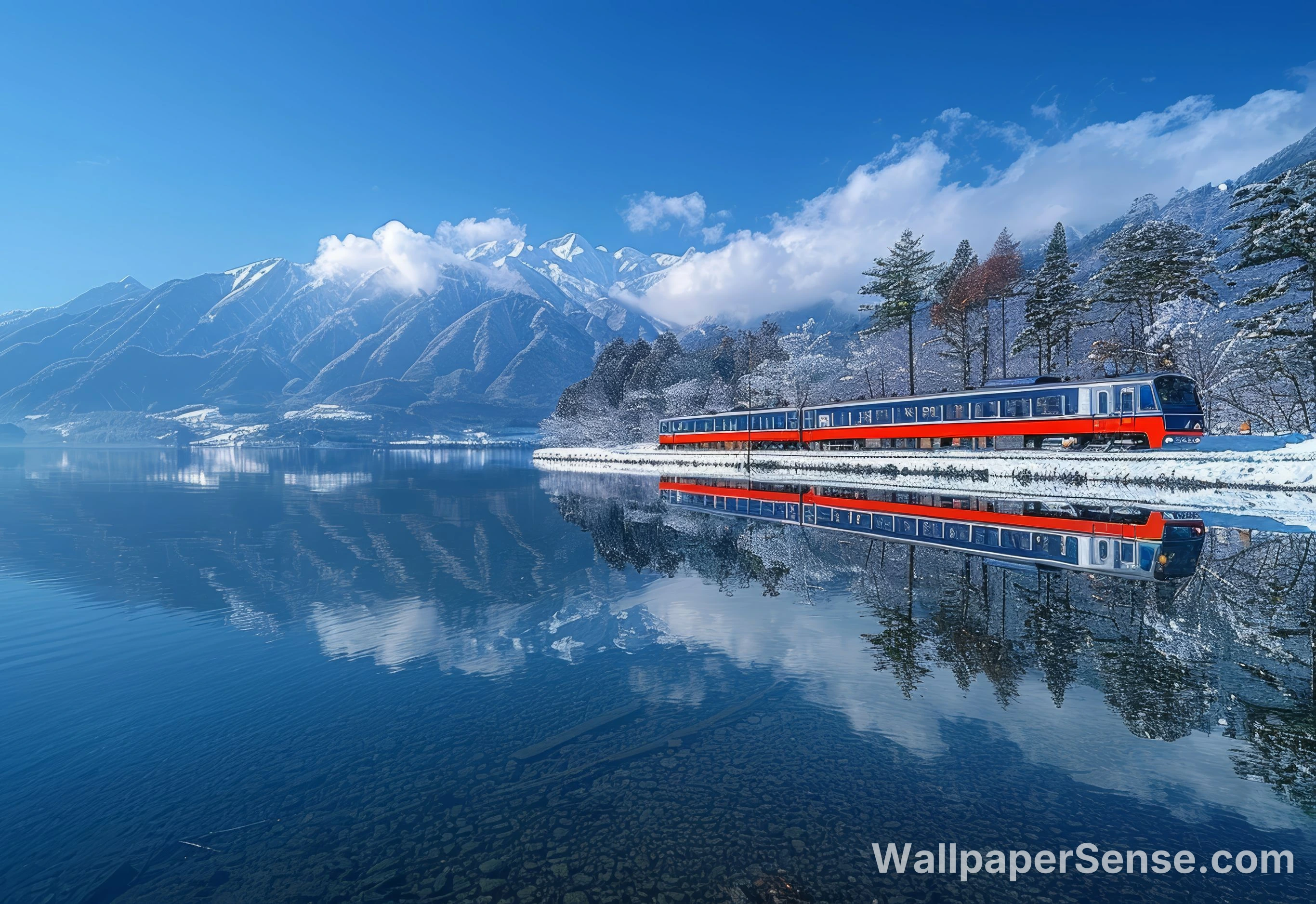 Paesaggio giapponese di montagne innevate, lago e cielo 8K per desktop