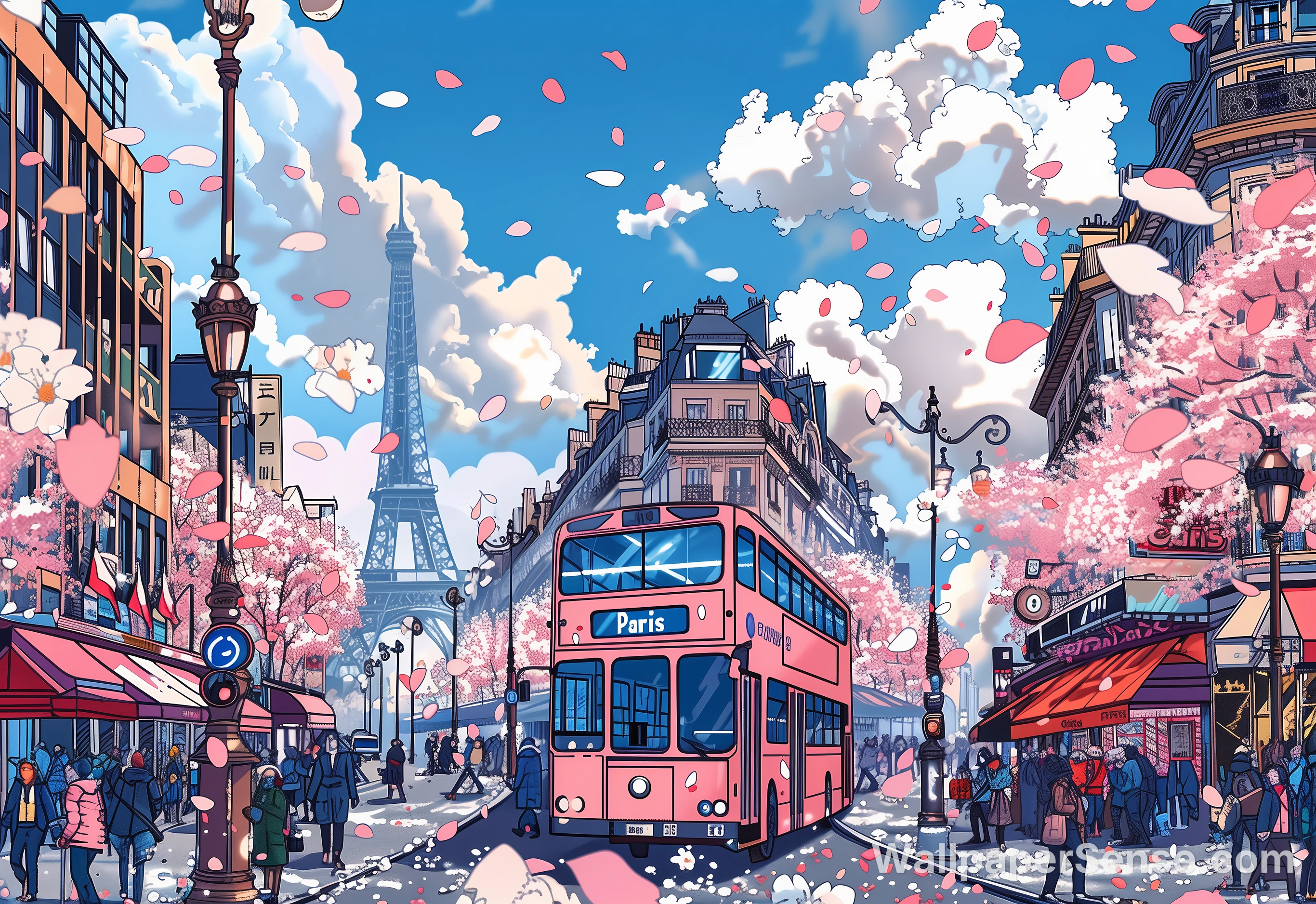 Paris Cherry Blossom Street Scene 8K Ultra HD Desktop Wallpaper