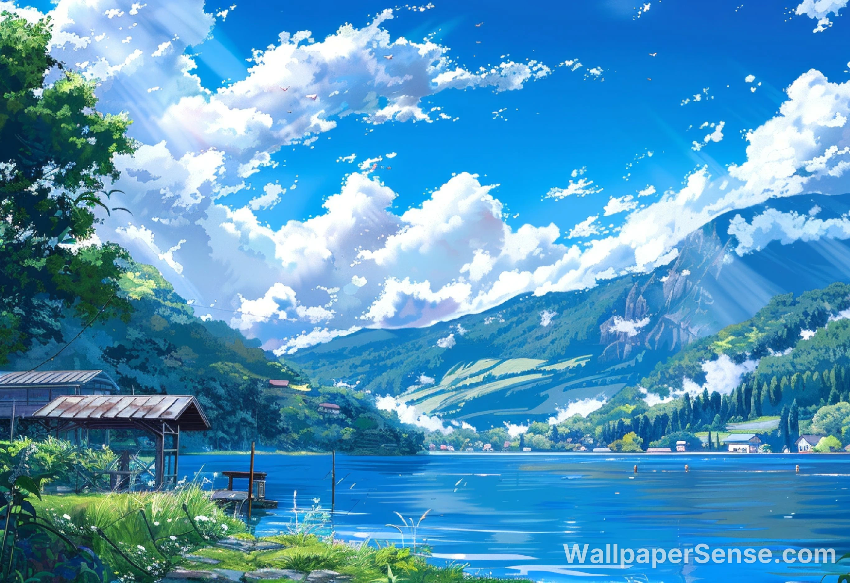 Japanese Anime Lake and Mountain Landscape 8K Desktop Wallpaper