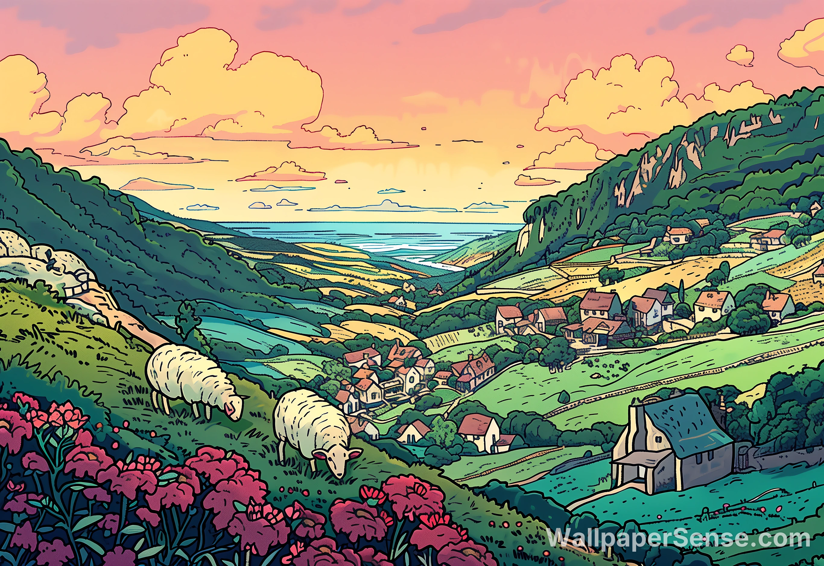 Anime-landschap met heuvels 8K Ultra HD tablet achtergrond