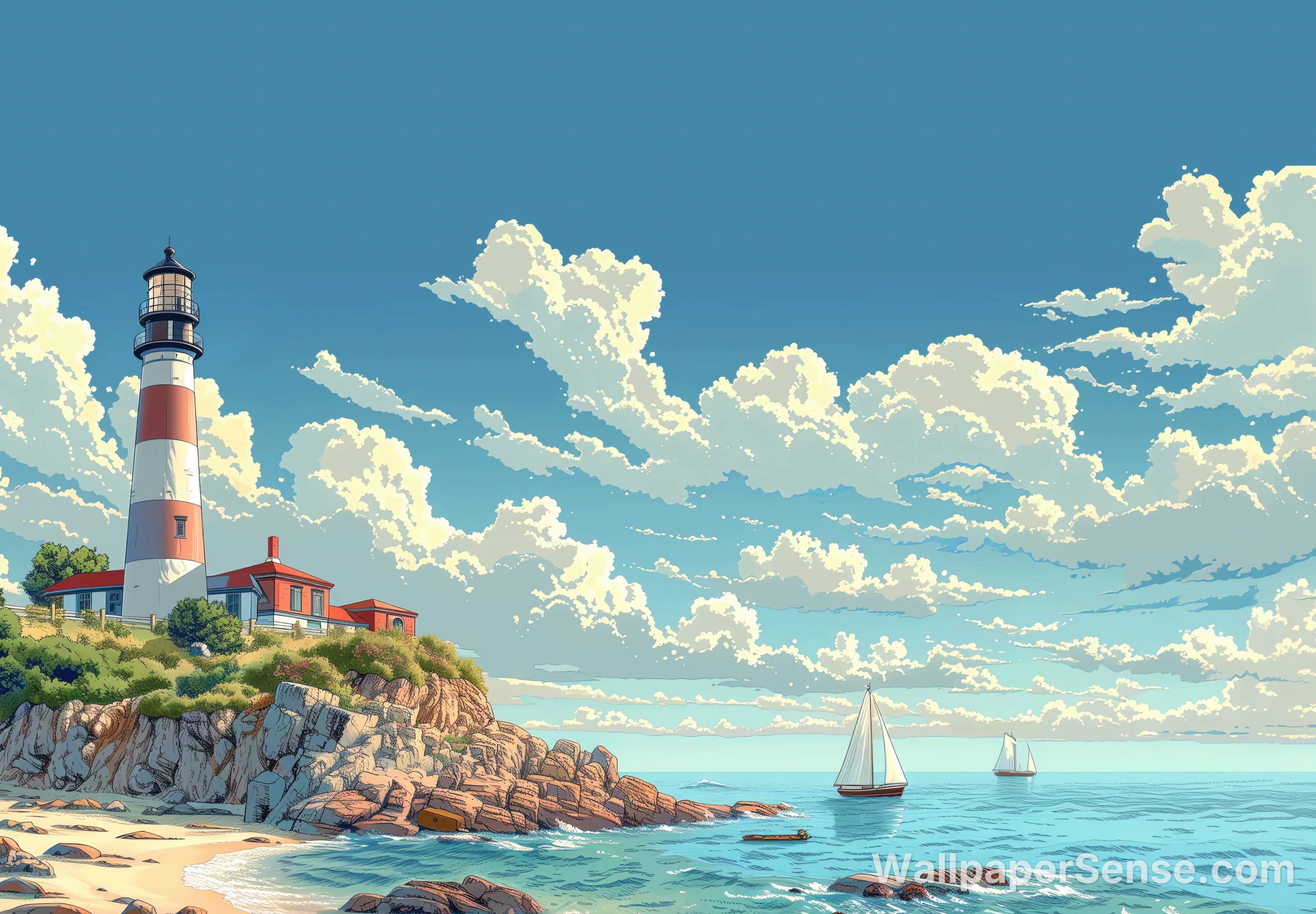 Anime-Kuestenklippe mit Segelboot 4K Desktop-Hintergrund