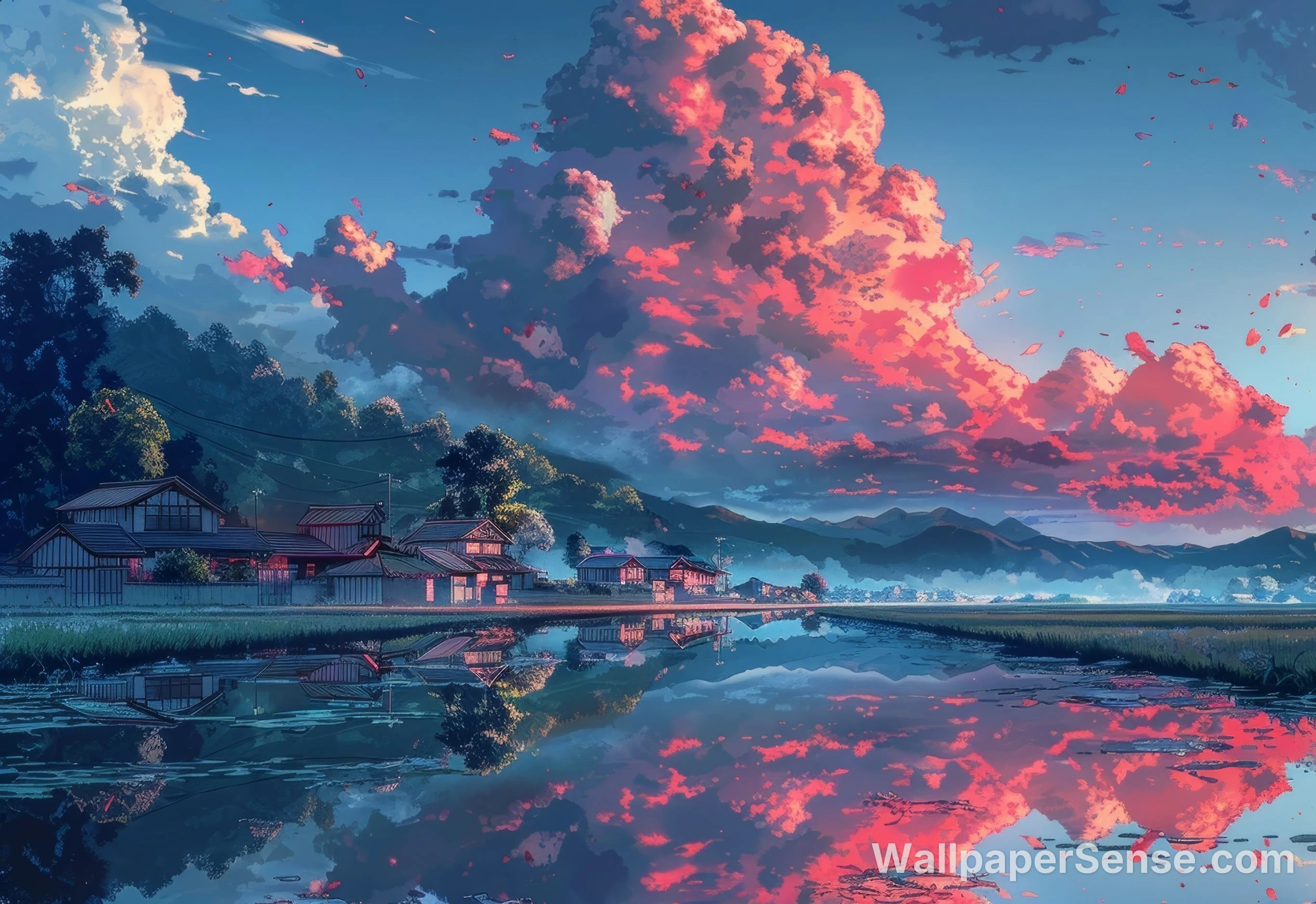 Japonská vesnice při západu slunce 8K Ultra HD stěnový obrázek