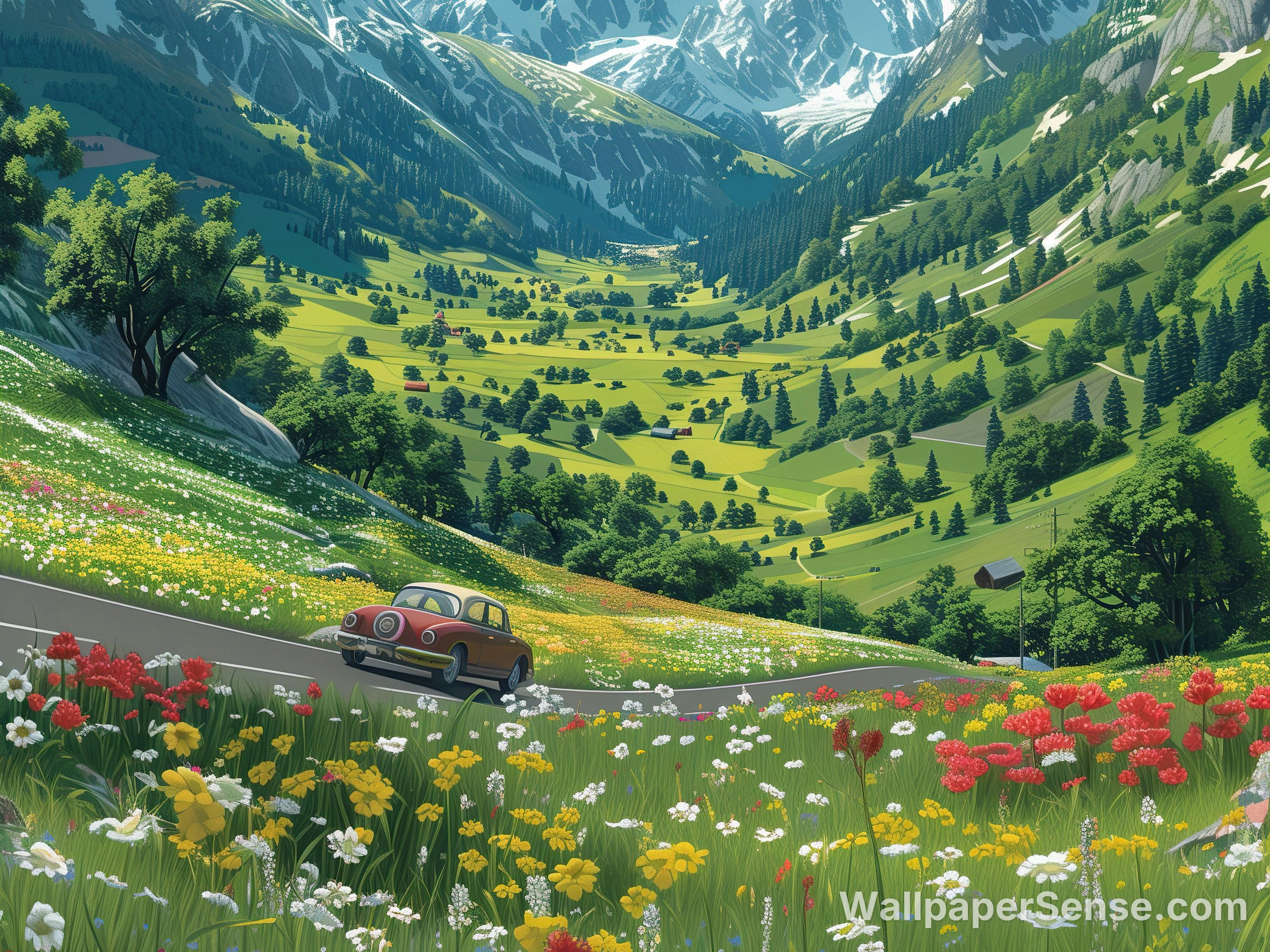 Anime Alpenseeslandschap Bloemen 4K Bureaubekleding