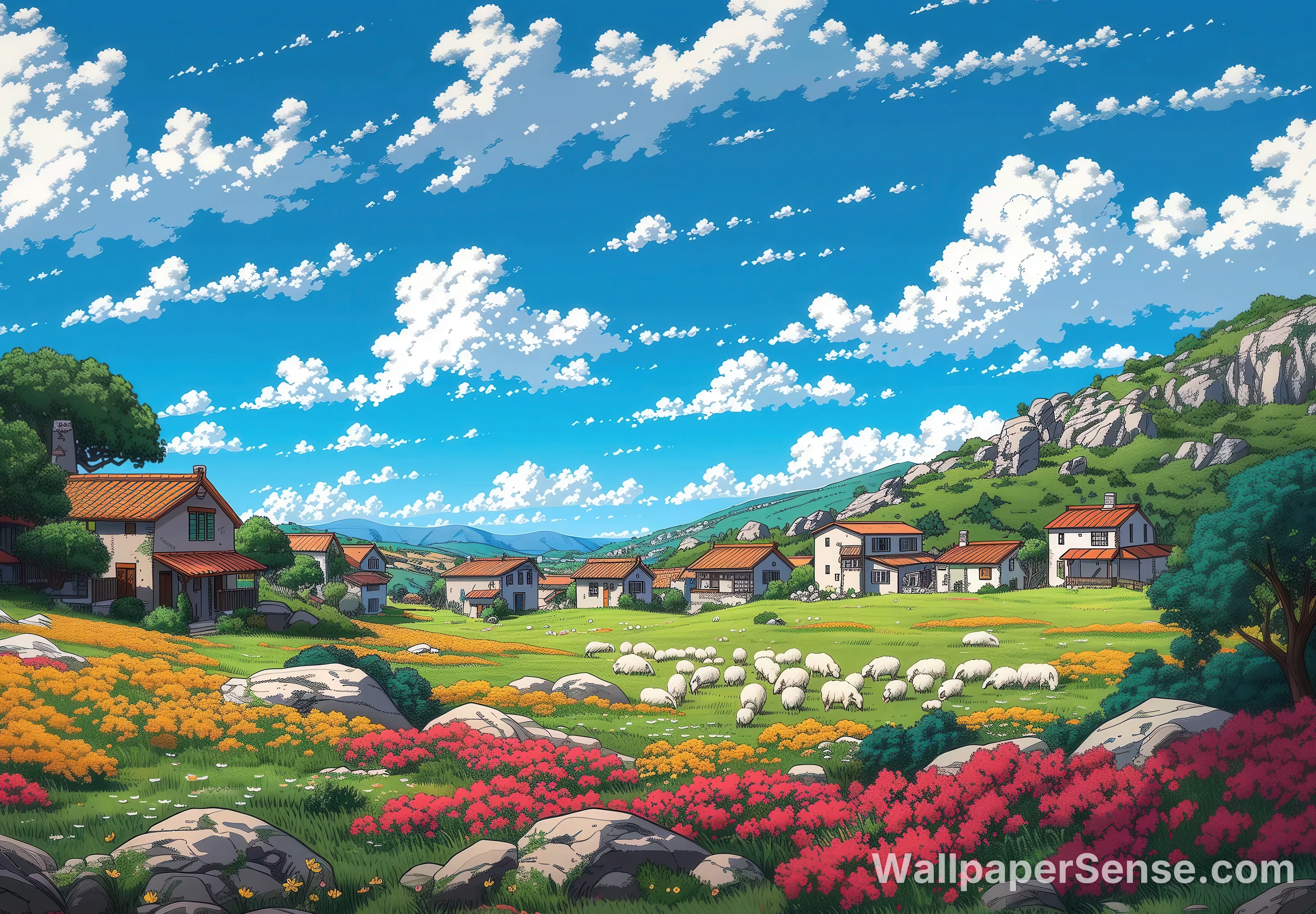 Anime Village Meadow 4K Desktop Wallpaper