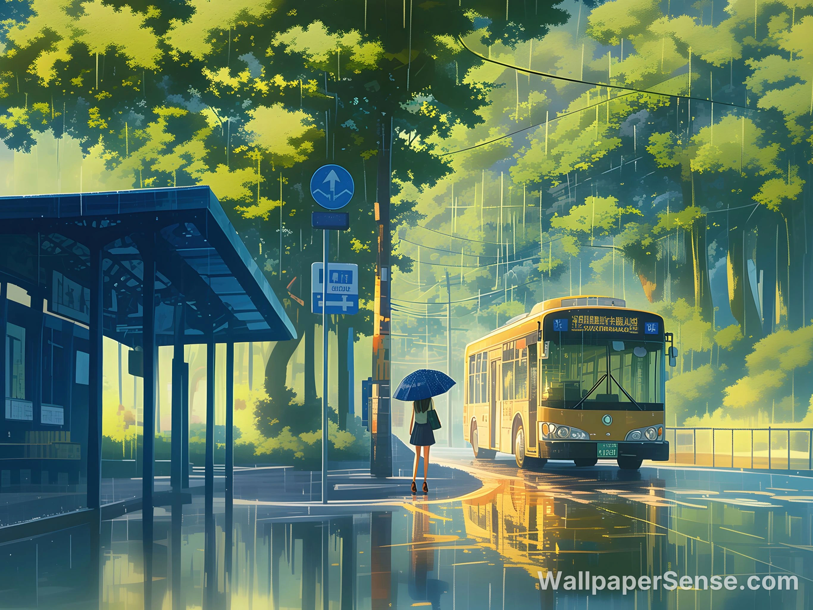 Japanse animatie regenstraat scène 8K Ultra HD bureaublad achtergrond
