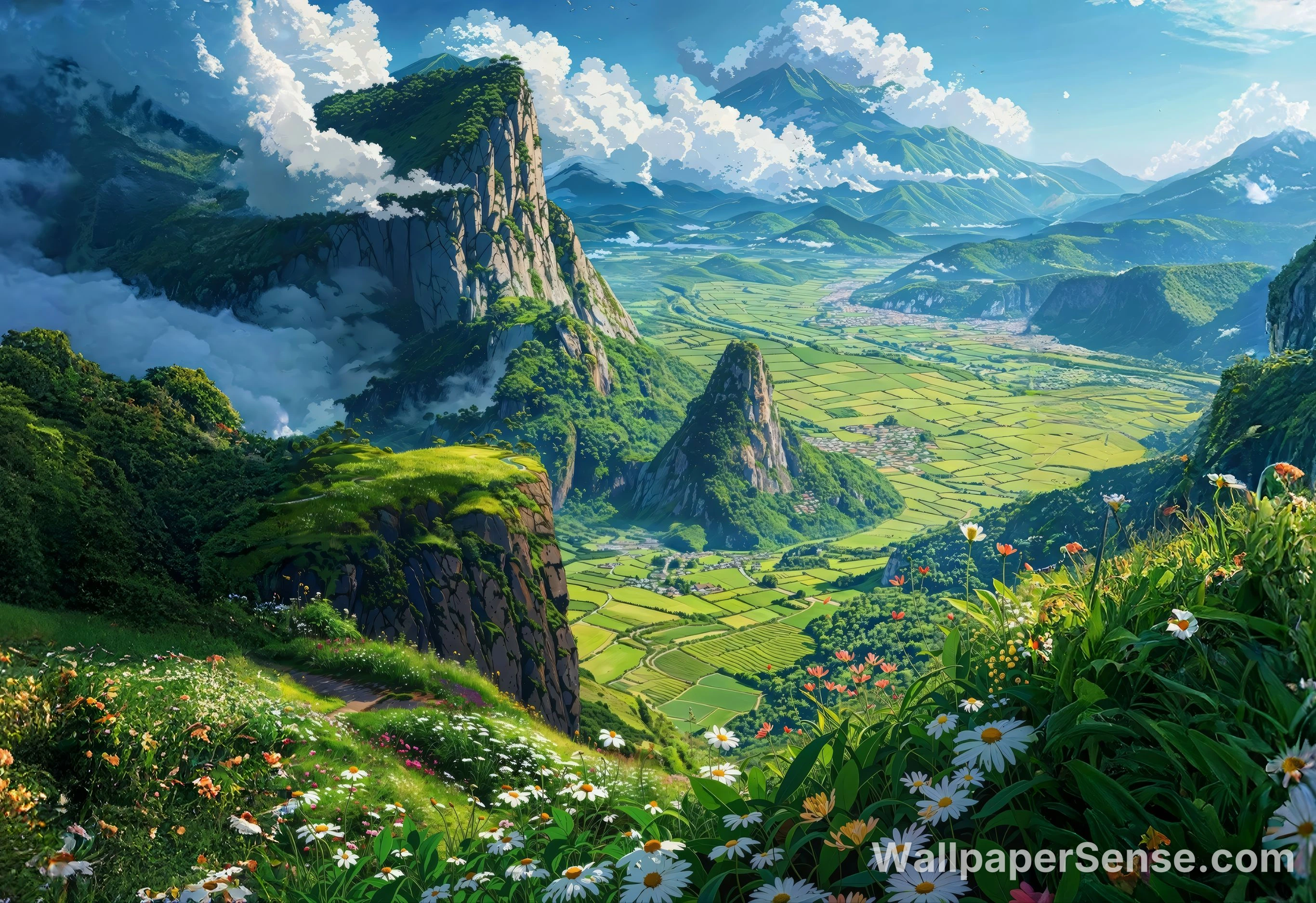 Studio Ghibli styl horské údolí 8K Ultra HD stěnová tapeta