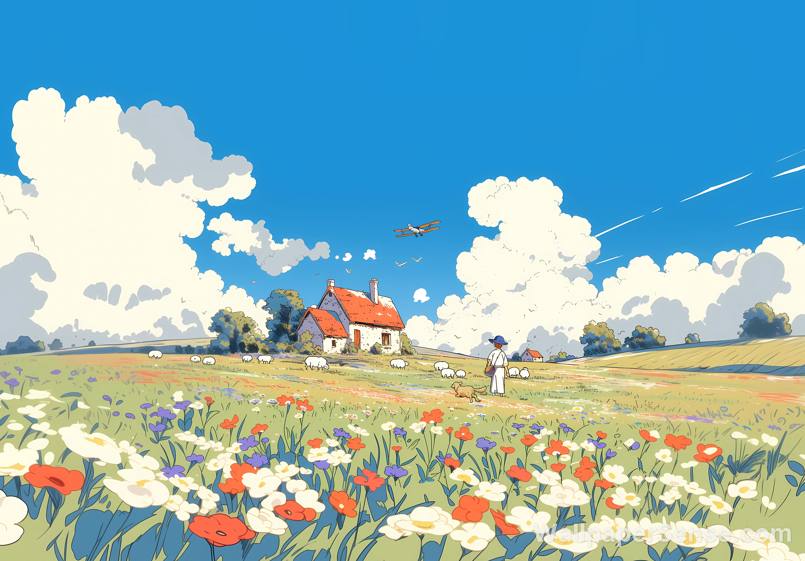Studio Ghibli Style Flower Field 8K Ultra HD Desktop Wallpaper
