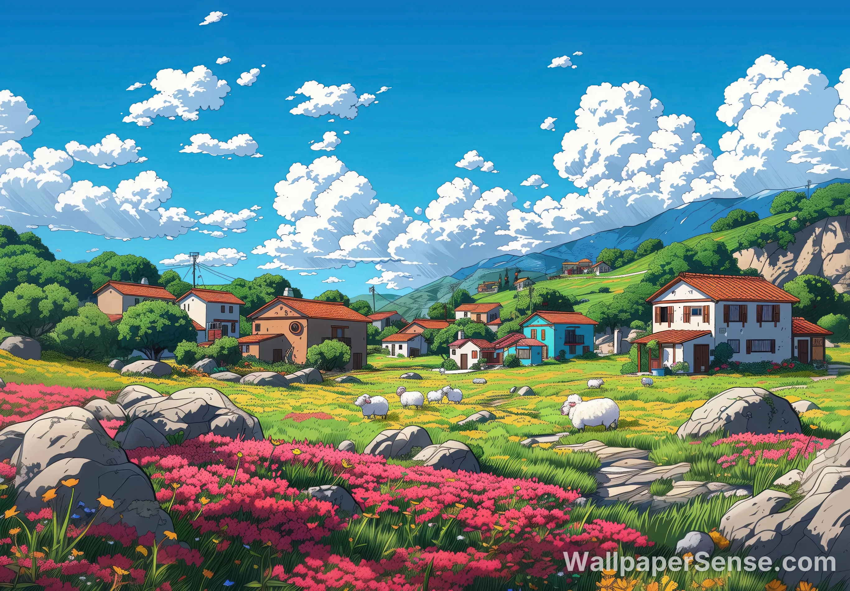 Anime Village Spring Flowers 4K Desktop Wallpaper
