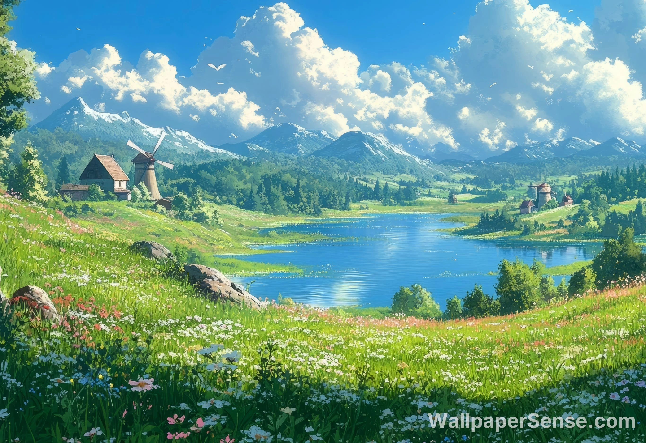 Japanese Anime-Style Lakeside Flower Field 8K Desktop Wallpaper