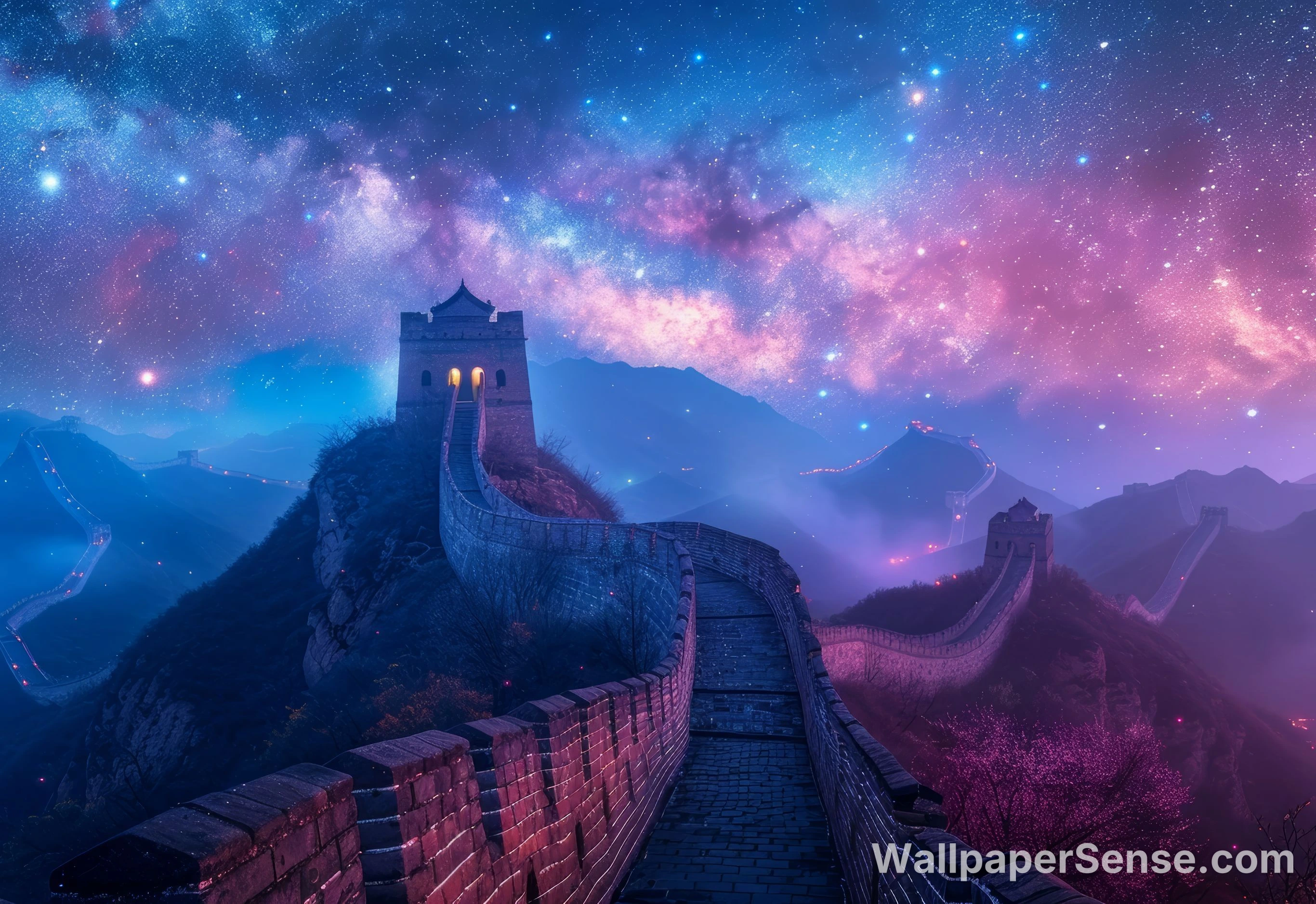 Čínské noční nebe s Velkou opevnění 8K Ultra HD tabletový wallpaper