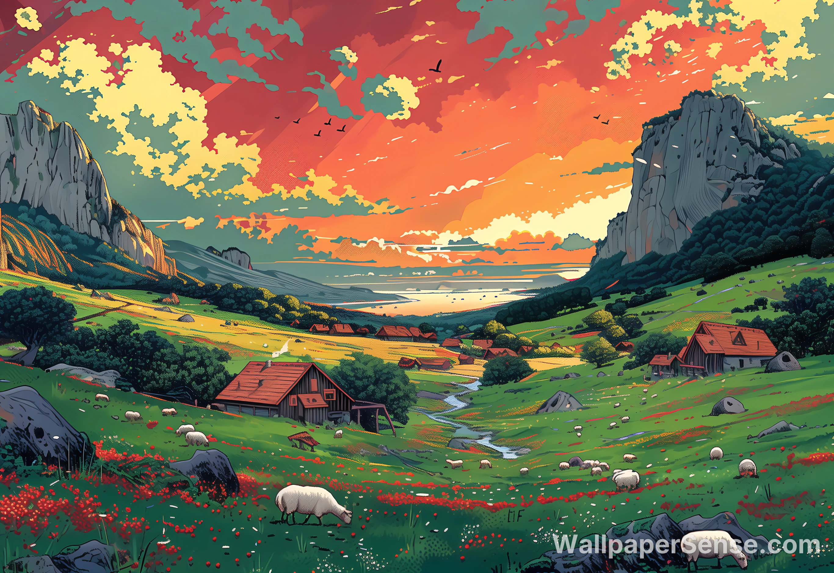 Illustratieve Alpense Vallei bij Zonsondergang 4K Bureauondergrond