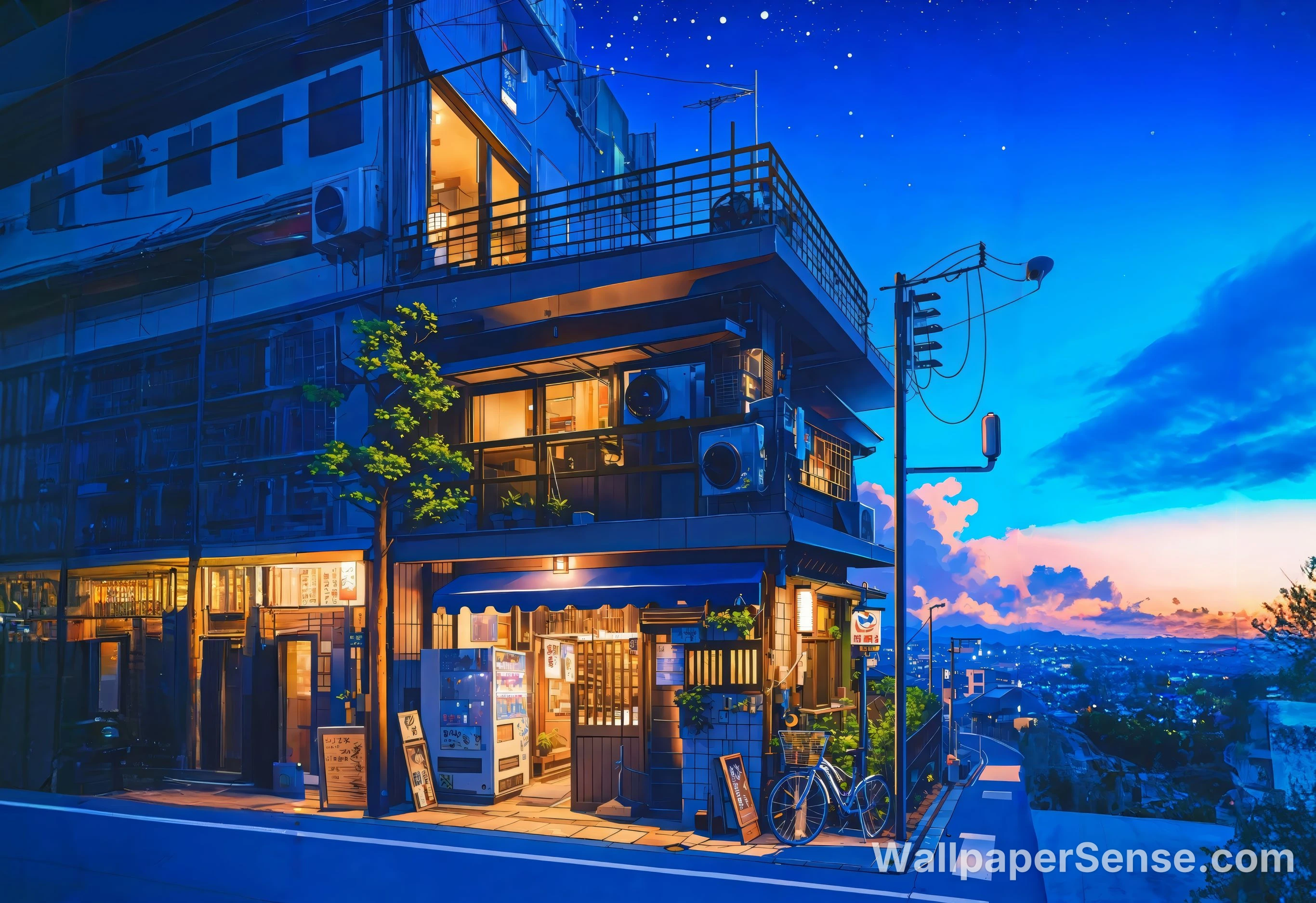 Japonský anime uliční kavárna 8K Ultra HD stěnný papír