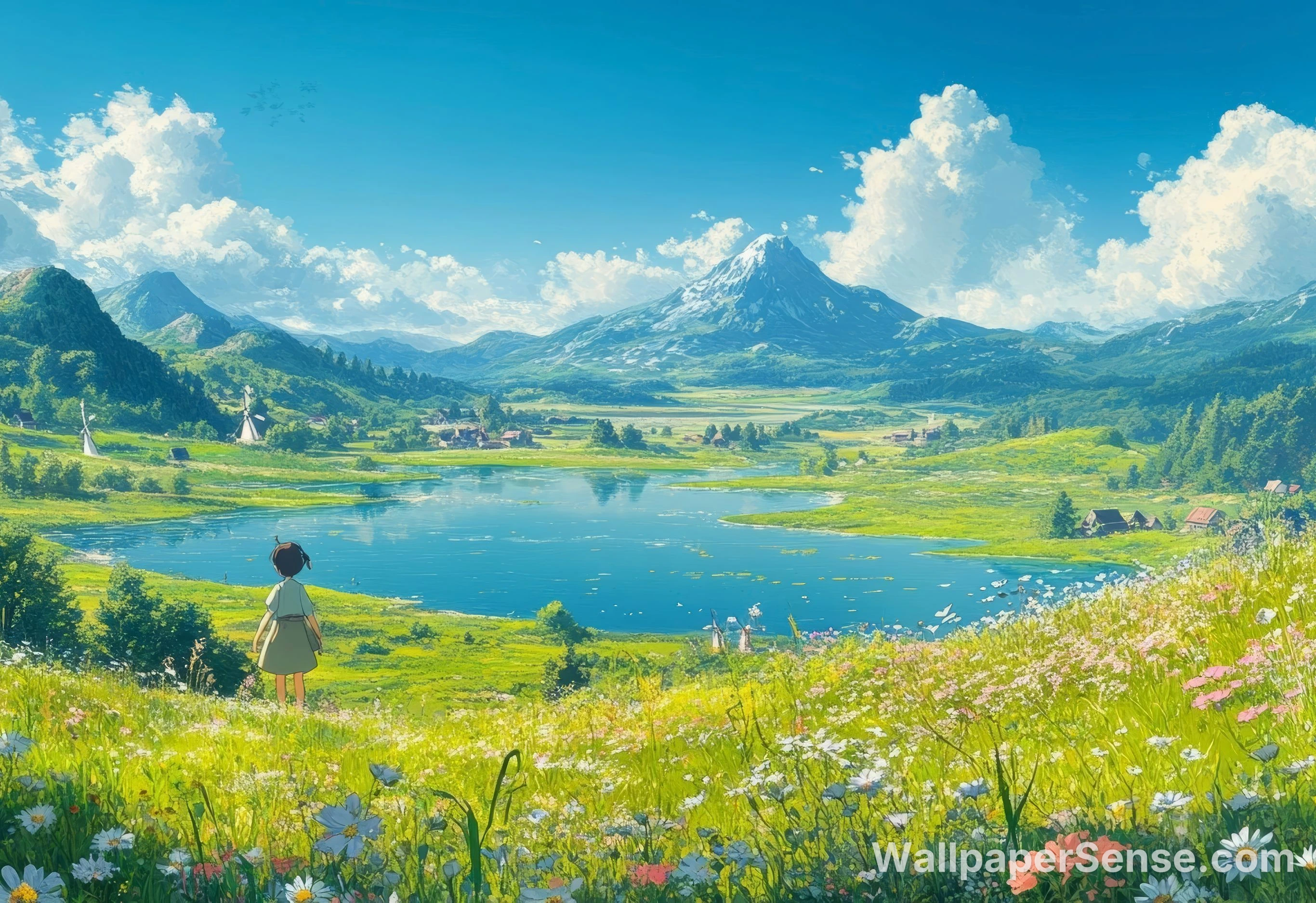 Japanese Anime-Style Mountain Lake Flower Field 8K Wallpaper
