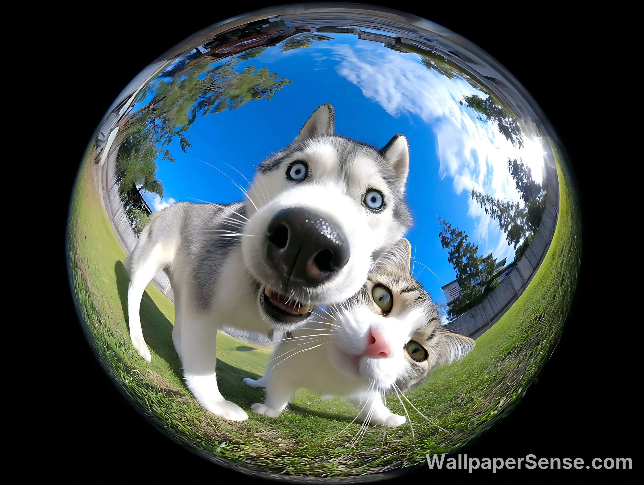 Collection de fonds d'écran ultra HD 4K 8K réalistes de husky et de chat - Fisheye Husky et Chat 4K Fond d'écran