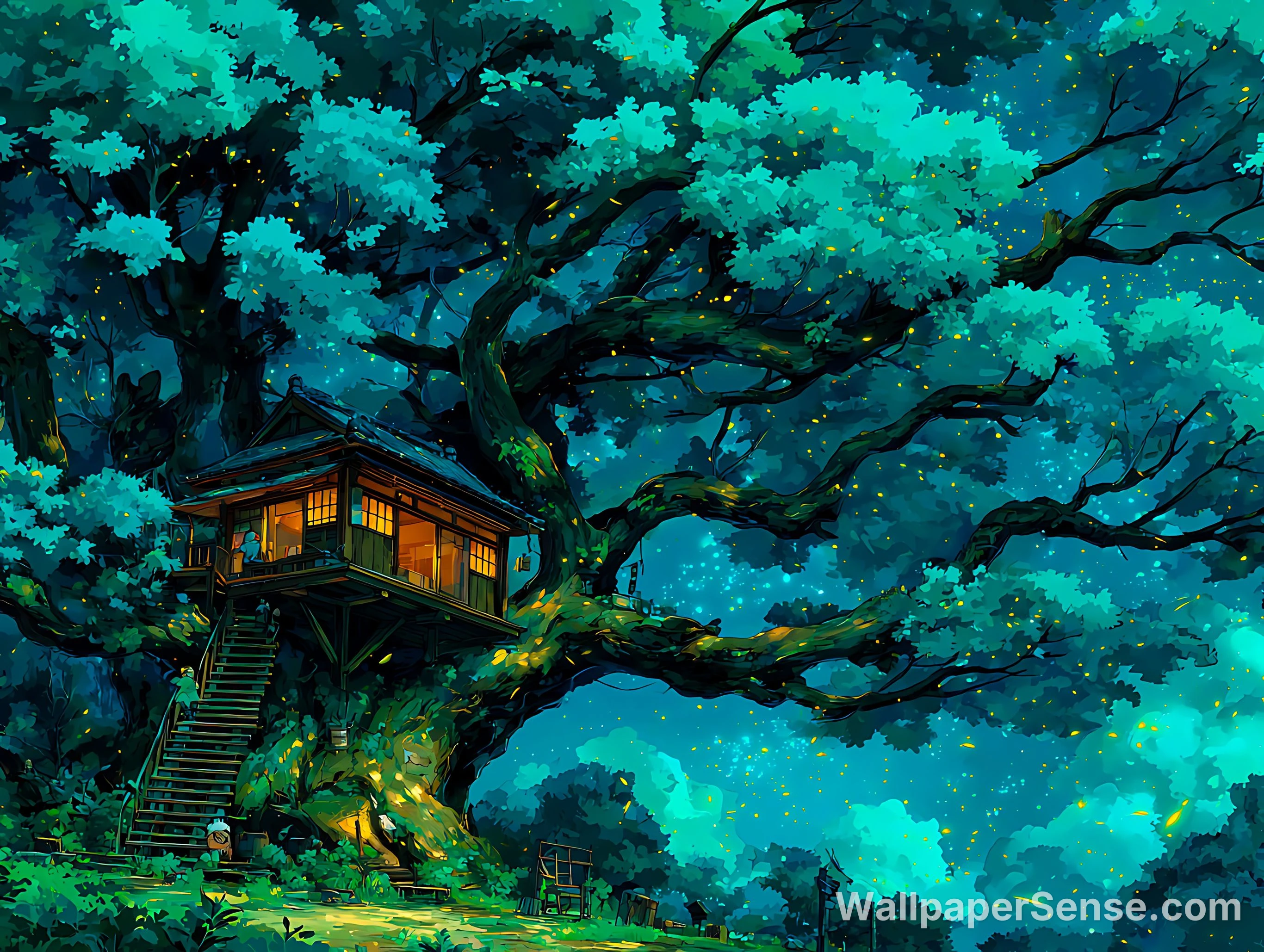 Japonský anime stromový dům v noci 4K desktop wallpaper