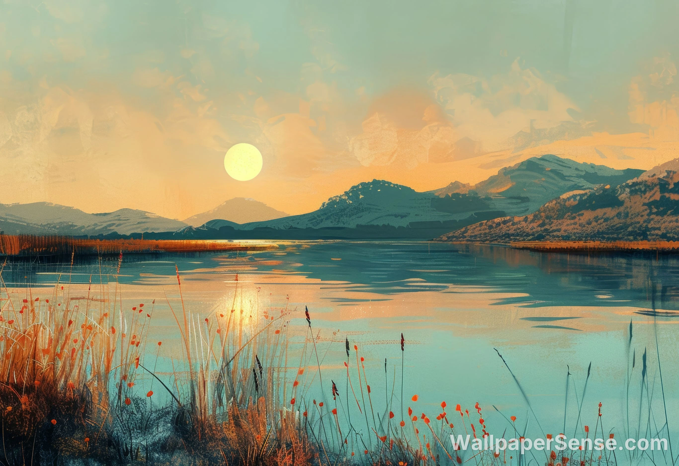 Oriental Art Lake Sunset 8K Ultra HD Desktop Wallpaper
