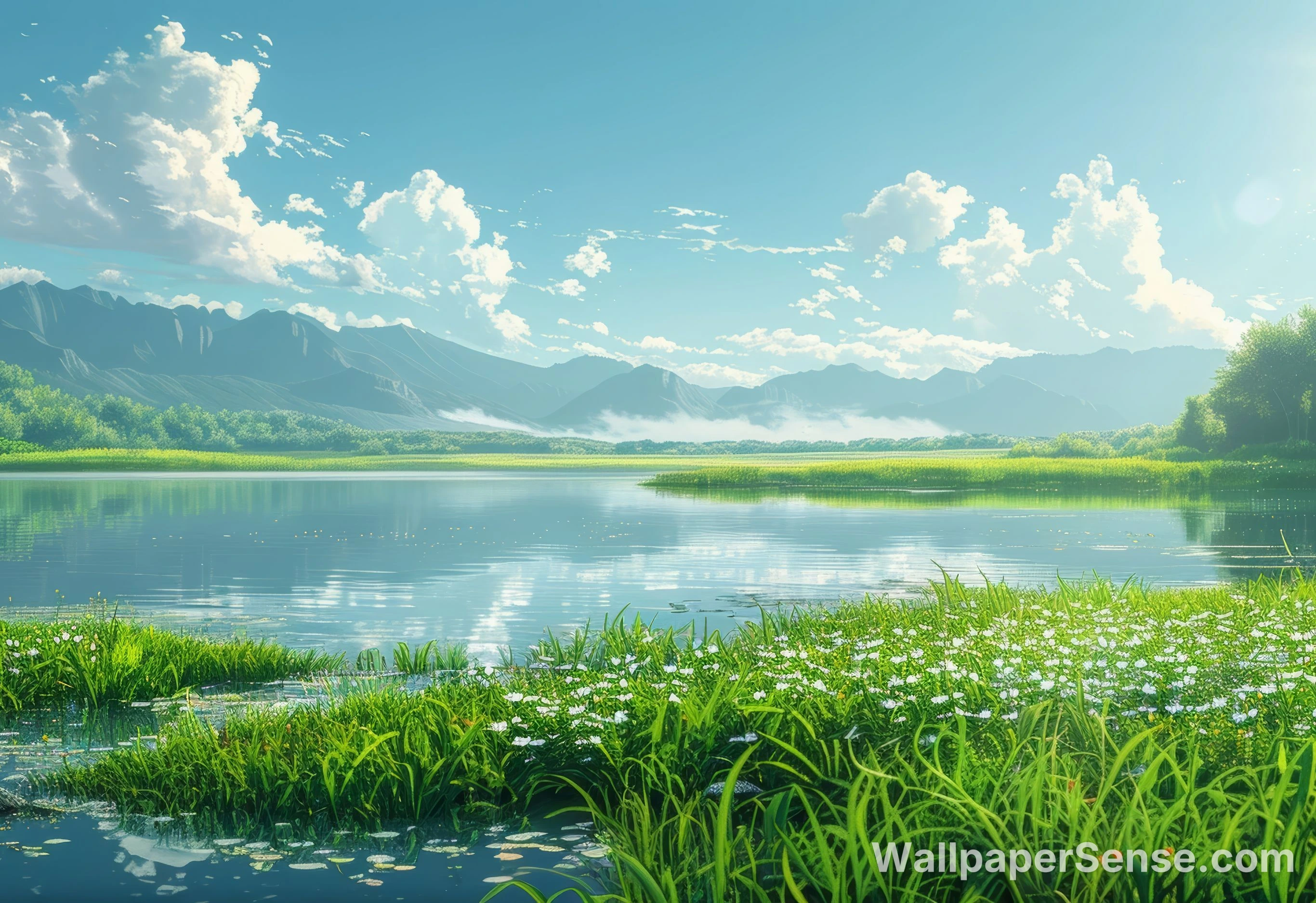 Oriental Art Meer en Bergen 8K Ultra HD Desktop Wallpaper