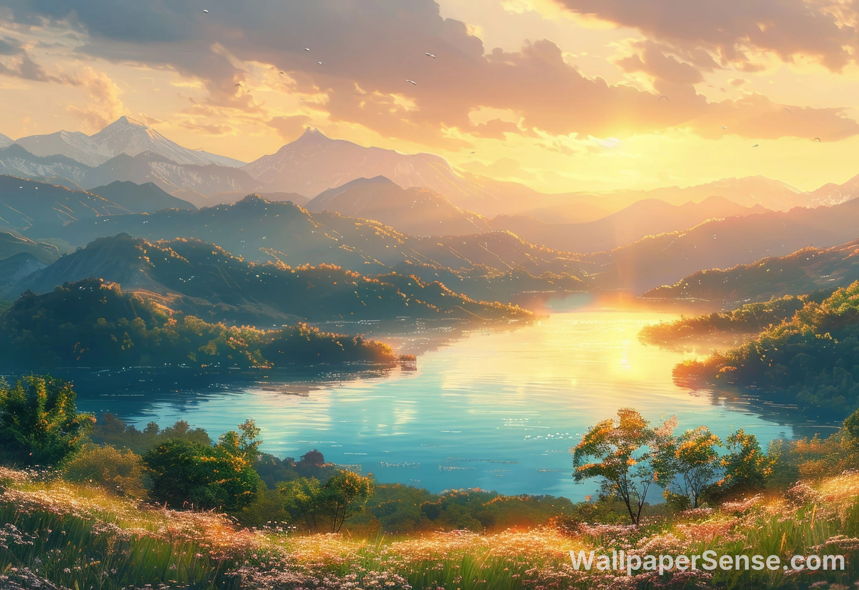 Orientální umění Hory a jezero, východ slunce 8K Ultra HD stěnová tapeta