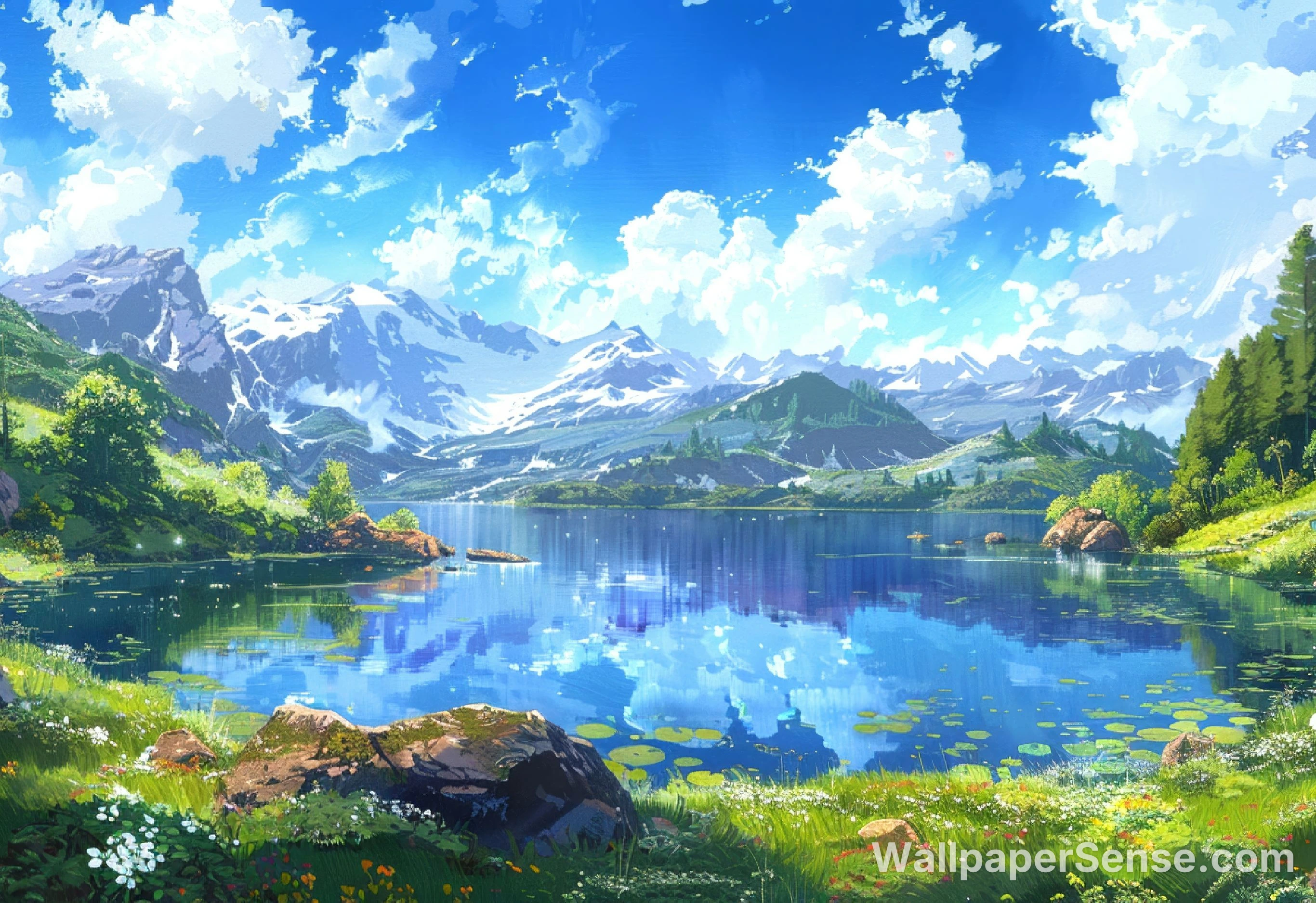 Anime-Style Snowy Mountain Lake Landscape 8K Desktop Wallpaper