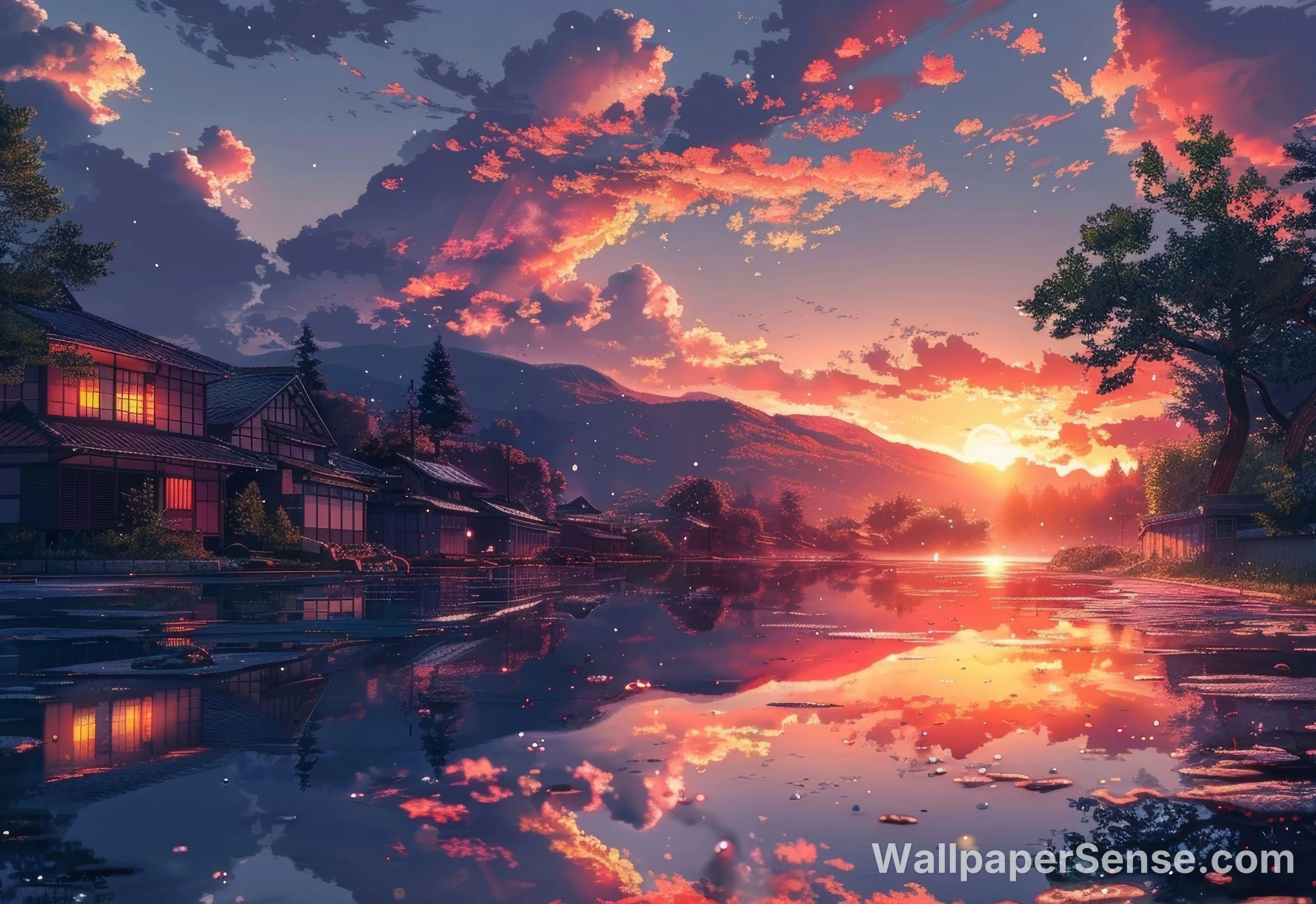 Japonský západ slunce u jezera 8K ultra HD stěnový papír