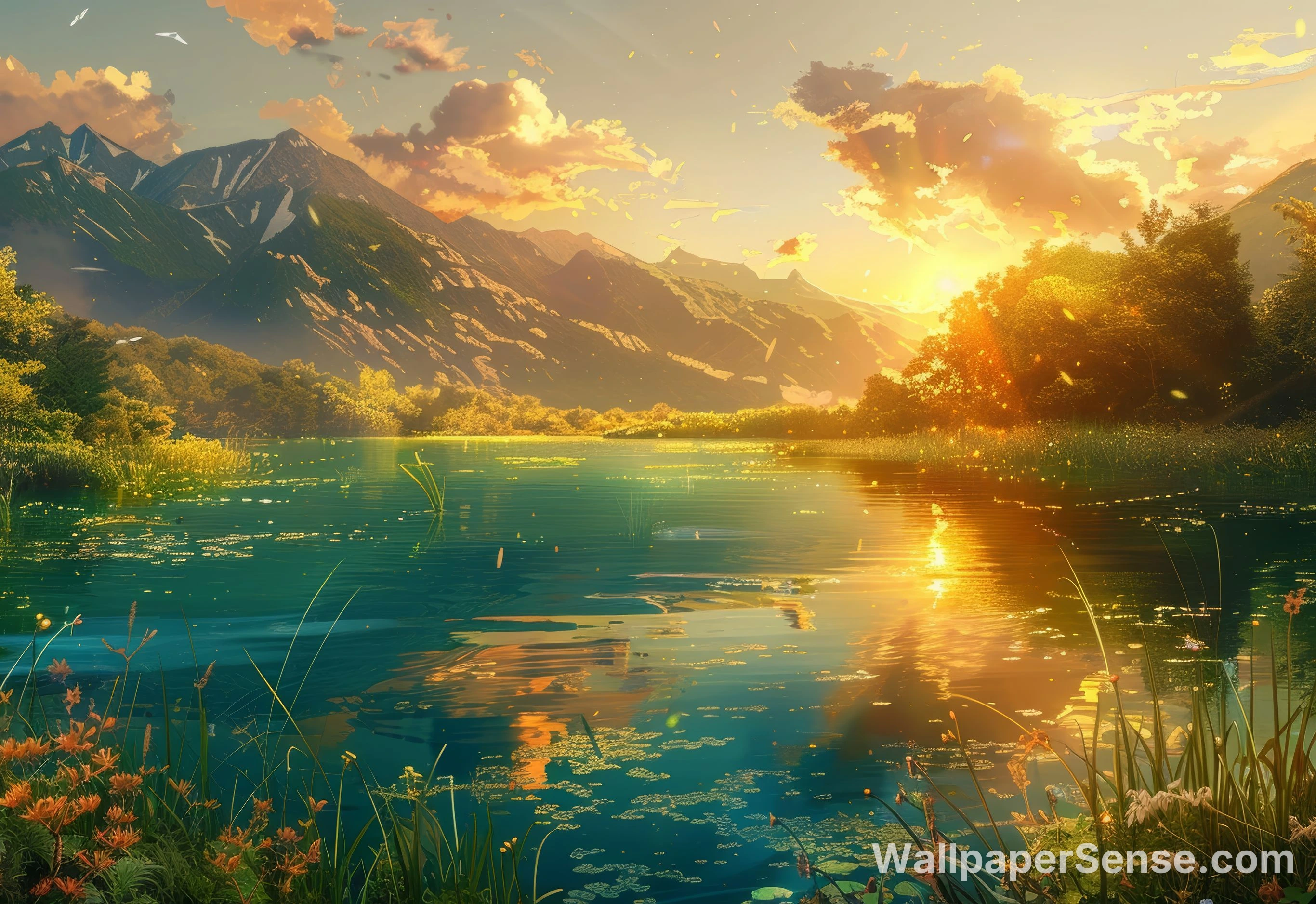 Japonský jezero při západu slunce 8K Ultra HD stěnový obrázek
