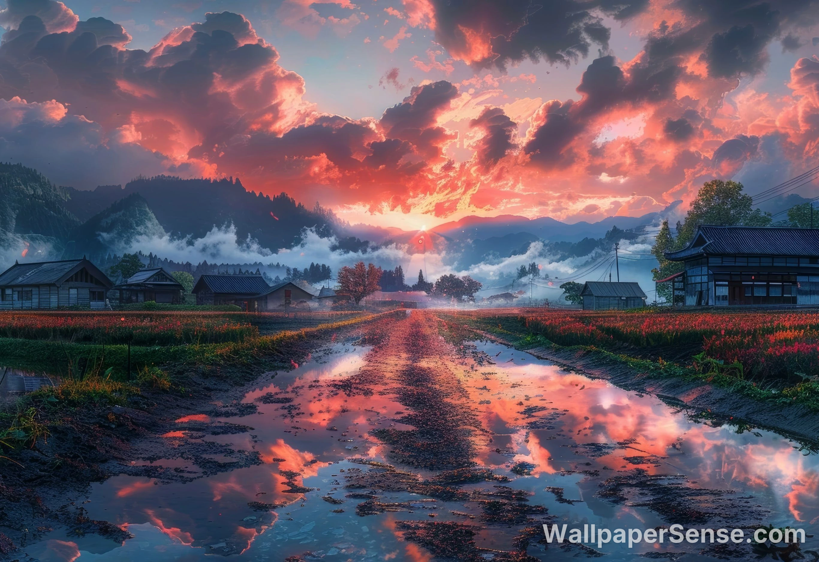 Japonská vesnice při západu slunce 8K Ultra HD tabletový obrázek
