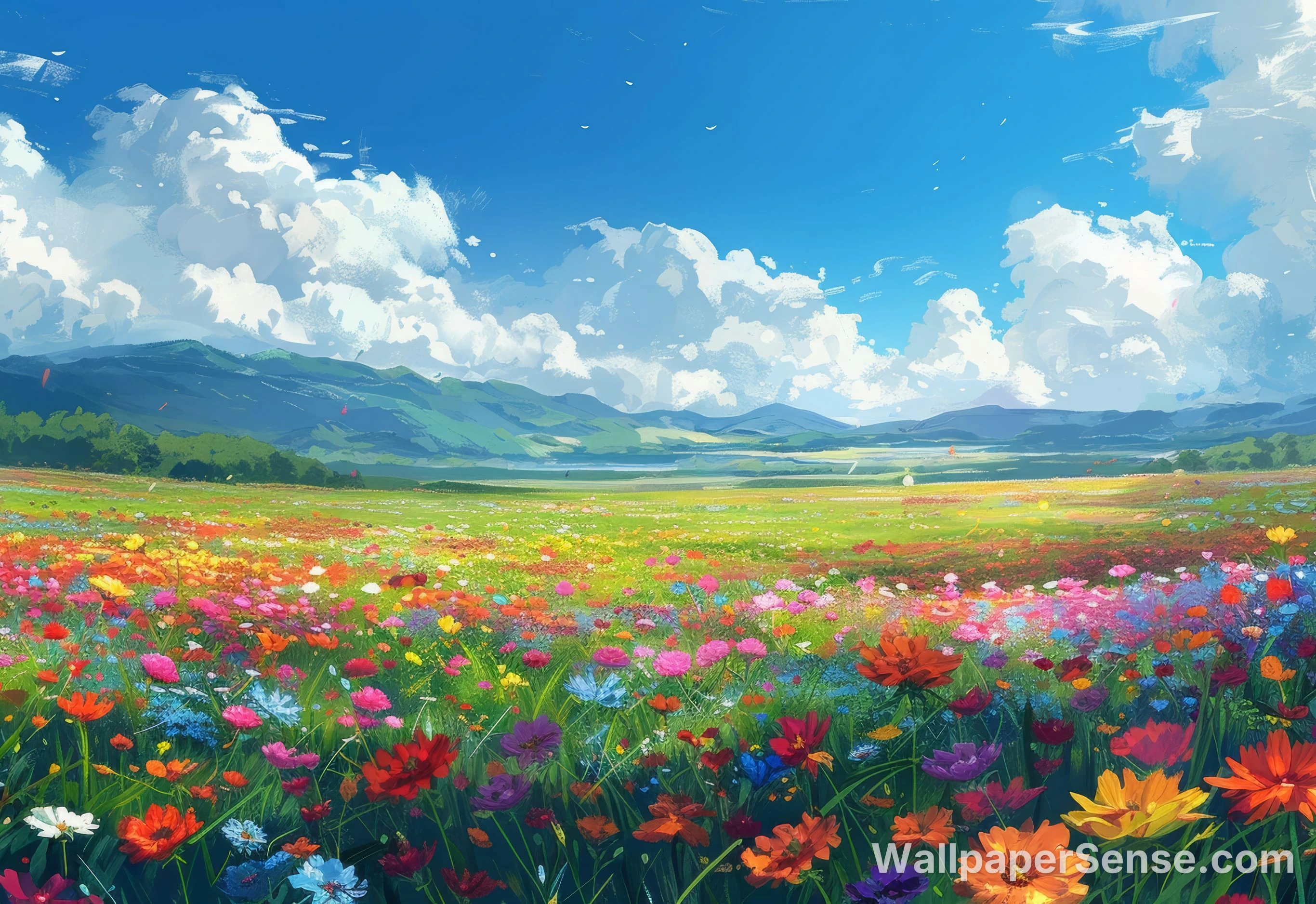 Japanese Anime-Style Flower Field 8K Ultra HD Desktop Wallpaper