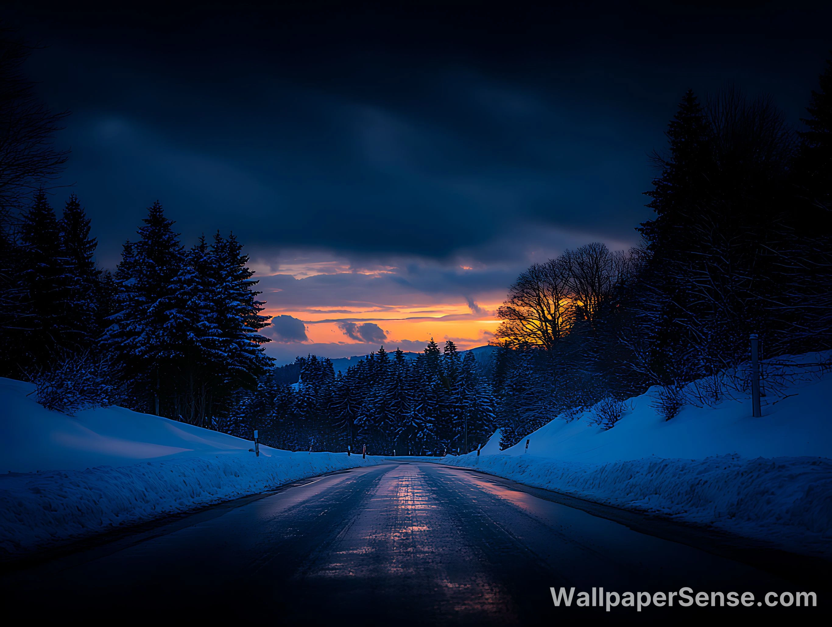 Chemin de forêt hivernal au coucher du soleil 4K Wallpaper pour ordinateur