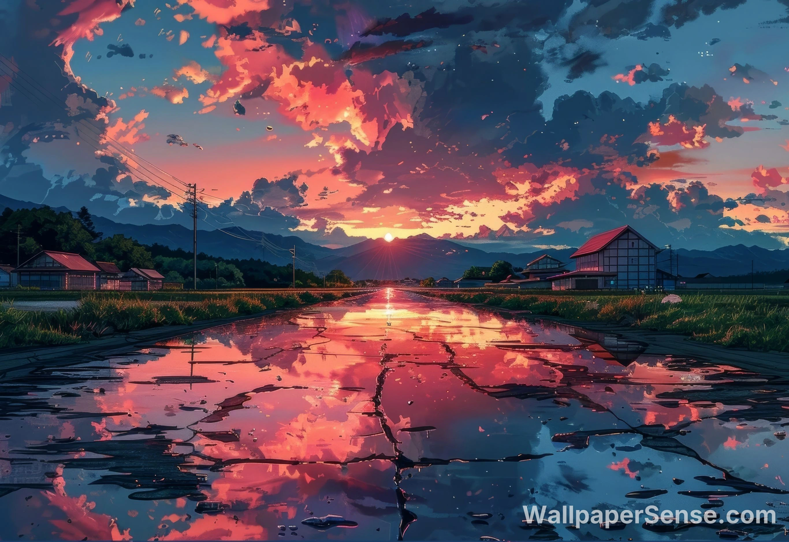 Japonské západ slunce v rýžovém poli 8K ultra HD tabletový obrázek