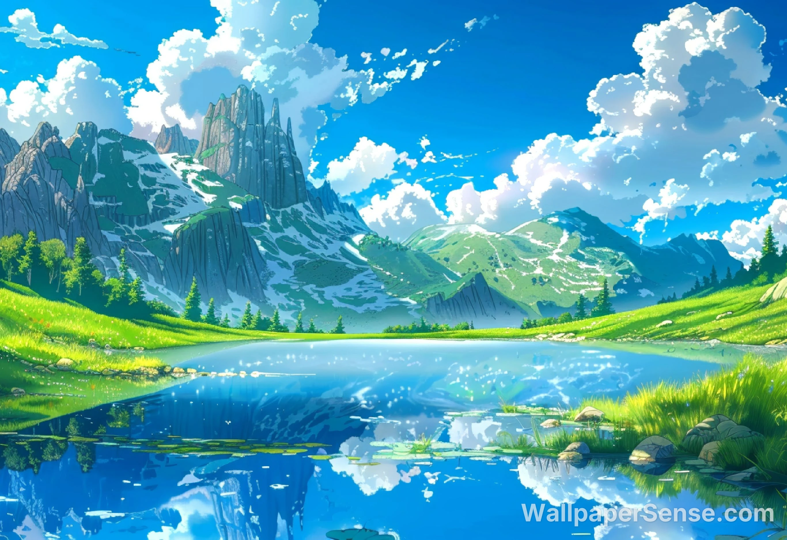 Anime-Style Snow Mountain Lake Landscape 8K Ultra HD Desktop Wallpaper