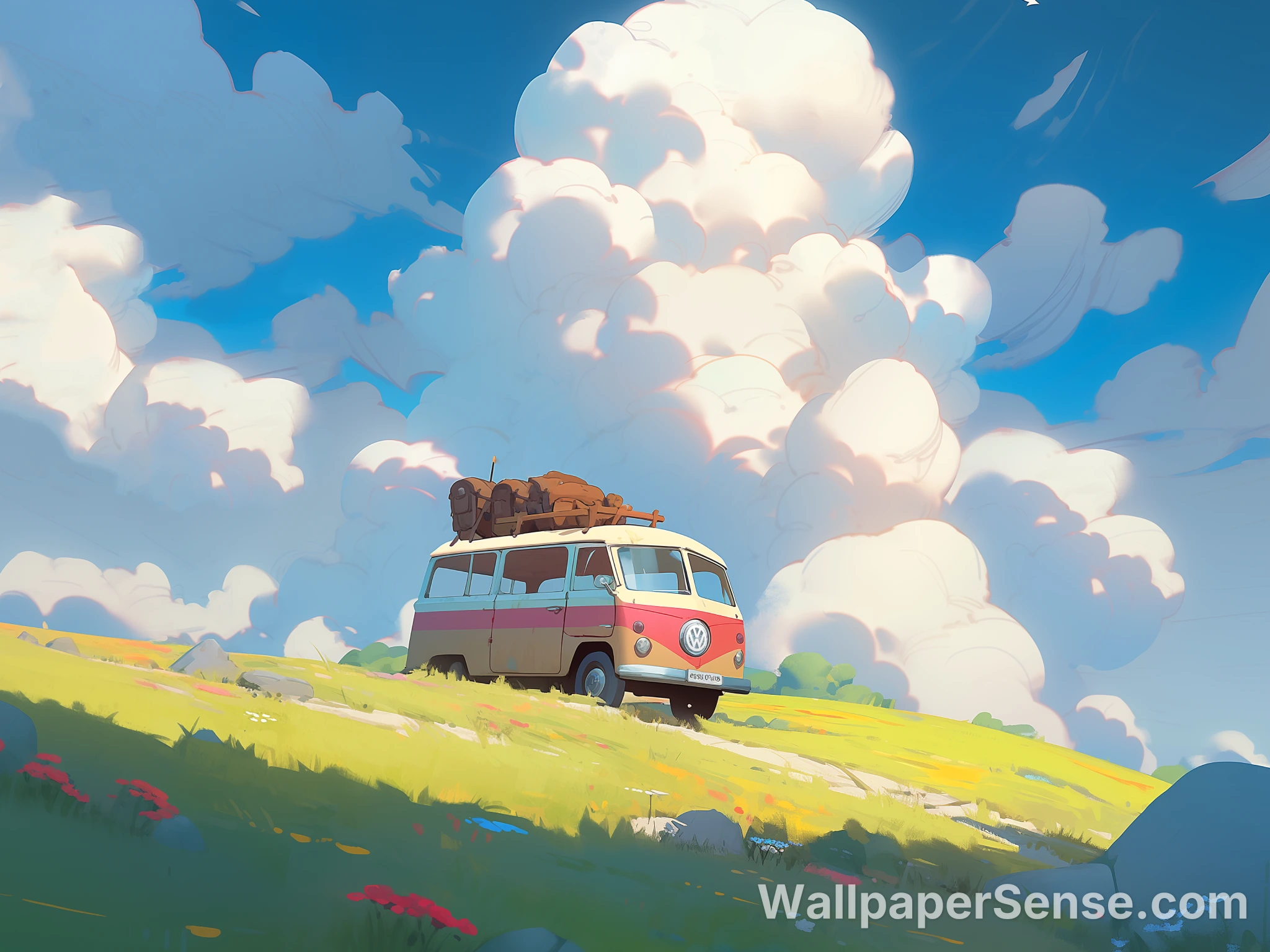 Anime-stijl vintage camper op een heuvel 4K bureaublad achtergrond