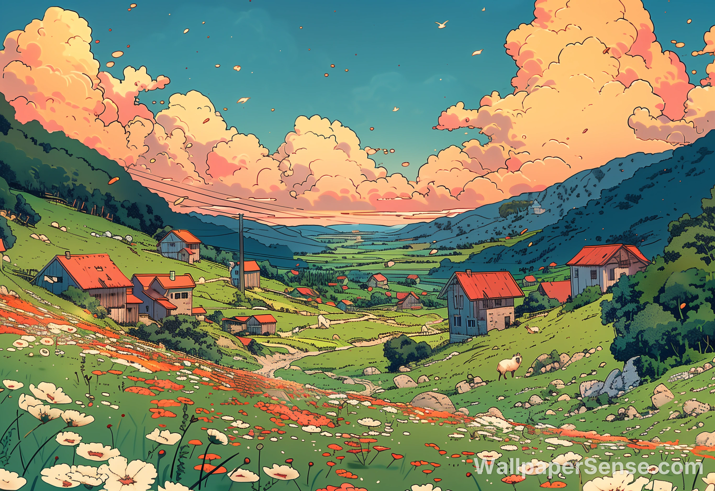 Anime-stijl dorpsschets 8K Ultra HD bureaublad achtergrond
