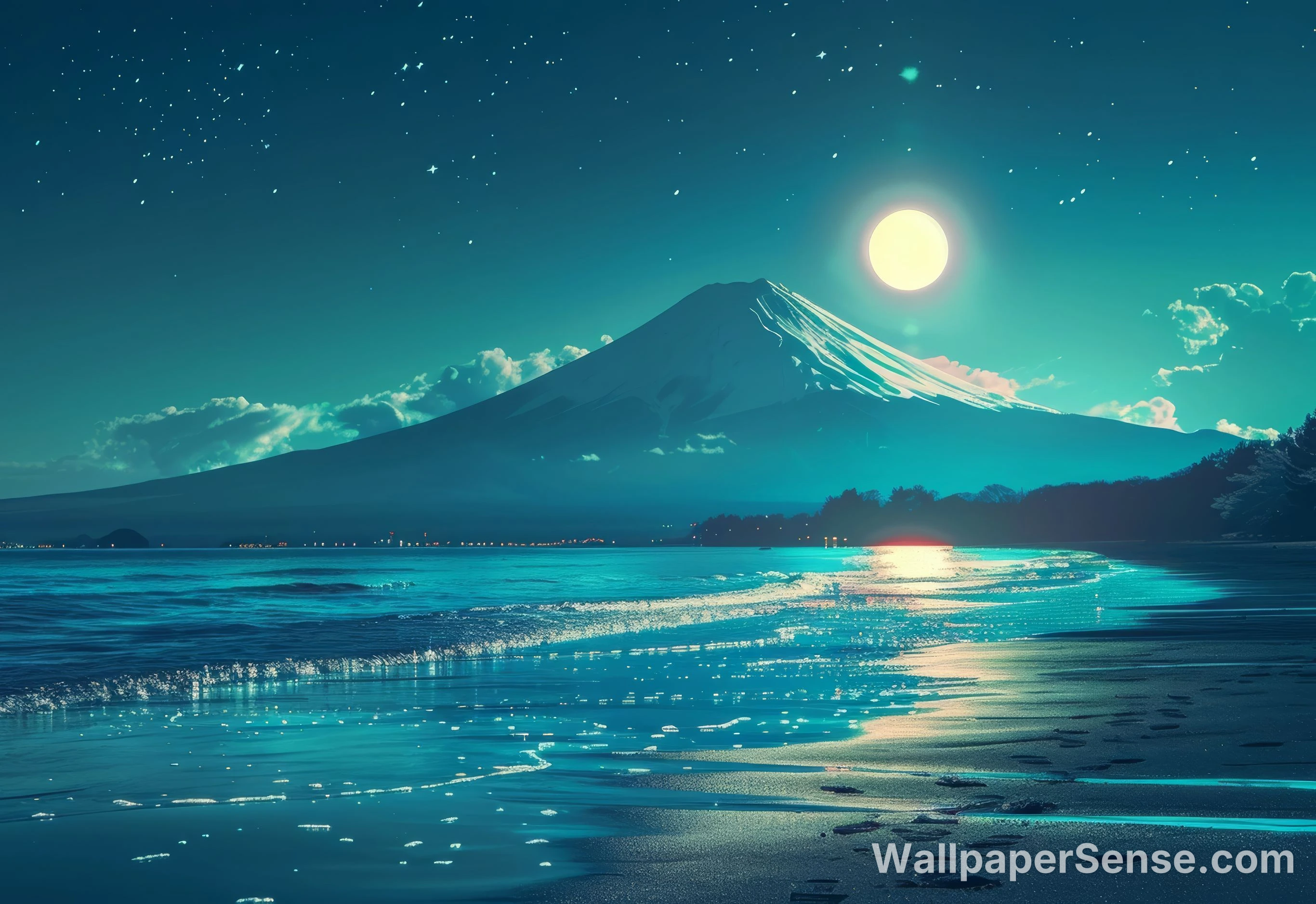 Japonský Mount Fuji měsíční pláž 8K ultra HD stěnový papír