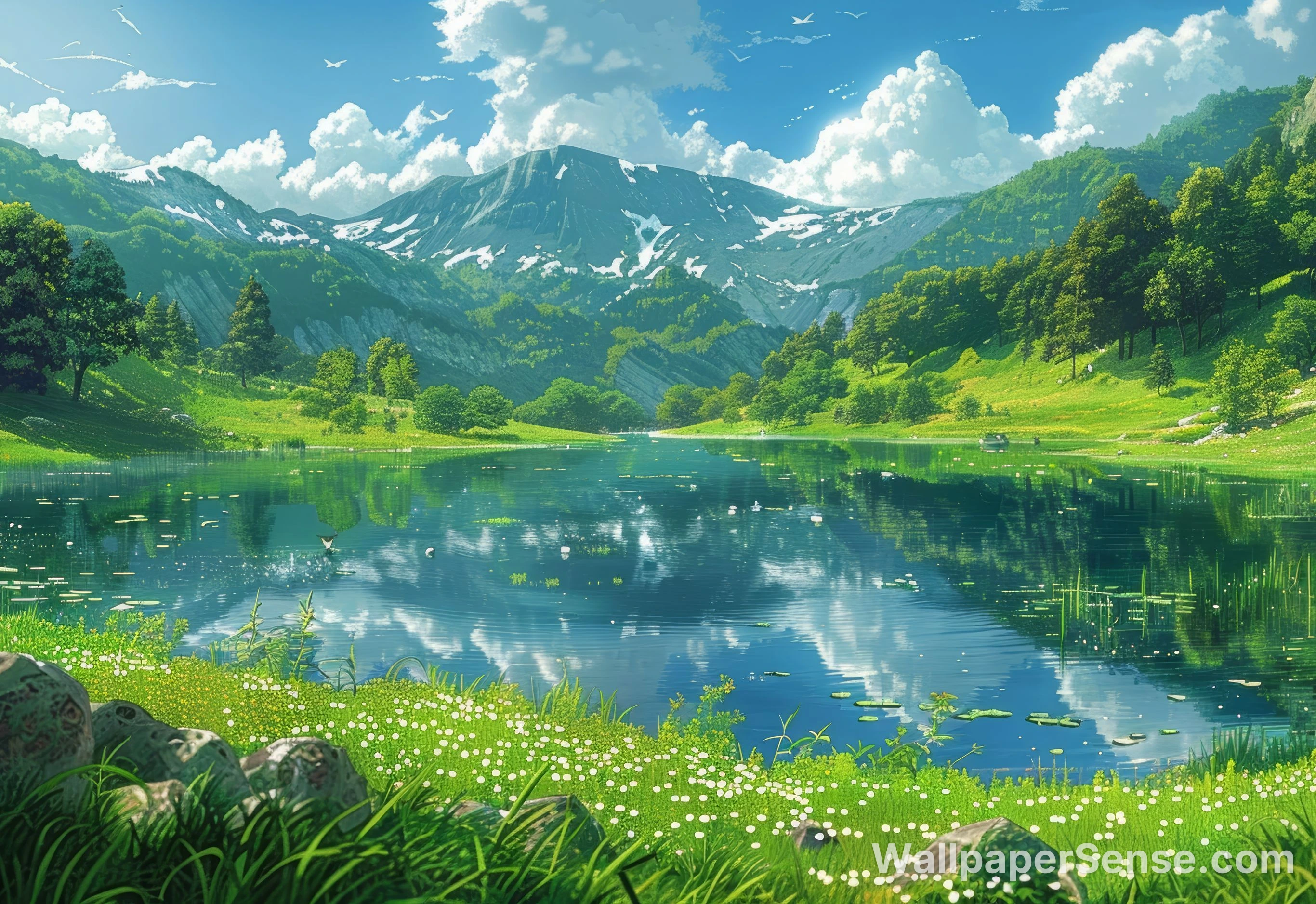 Anime-stijl bergmeer 8K Ultra HD bureaublad achtergrond