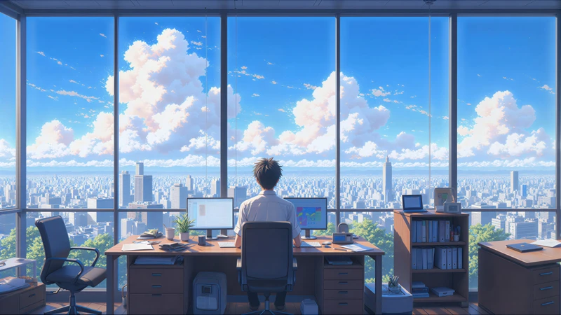 Anime Office Cityscape 8K Ultra HD Desktop Wallpaper